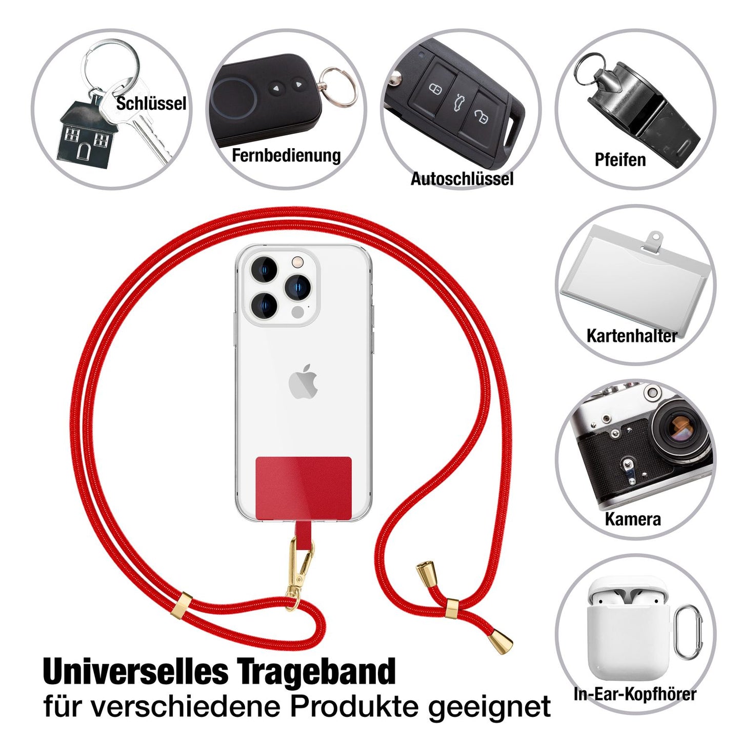 NALIA alhliða keðja með púða, ól fyrir símahulstur, karabínukrókur úr málmi (gull), lyklakippu, axlabönd 160 cm