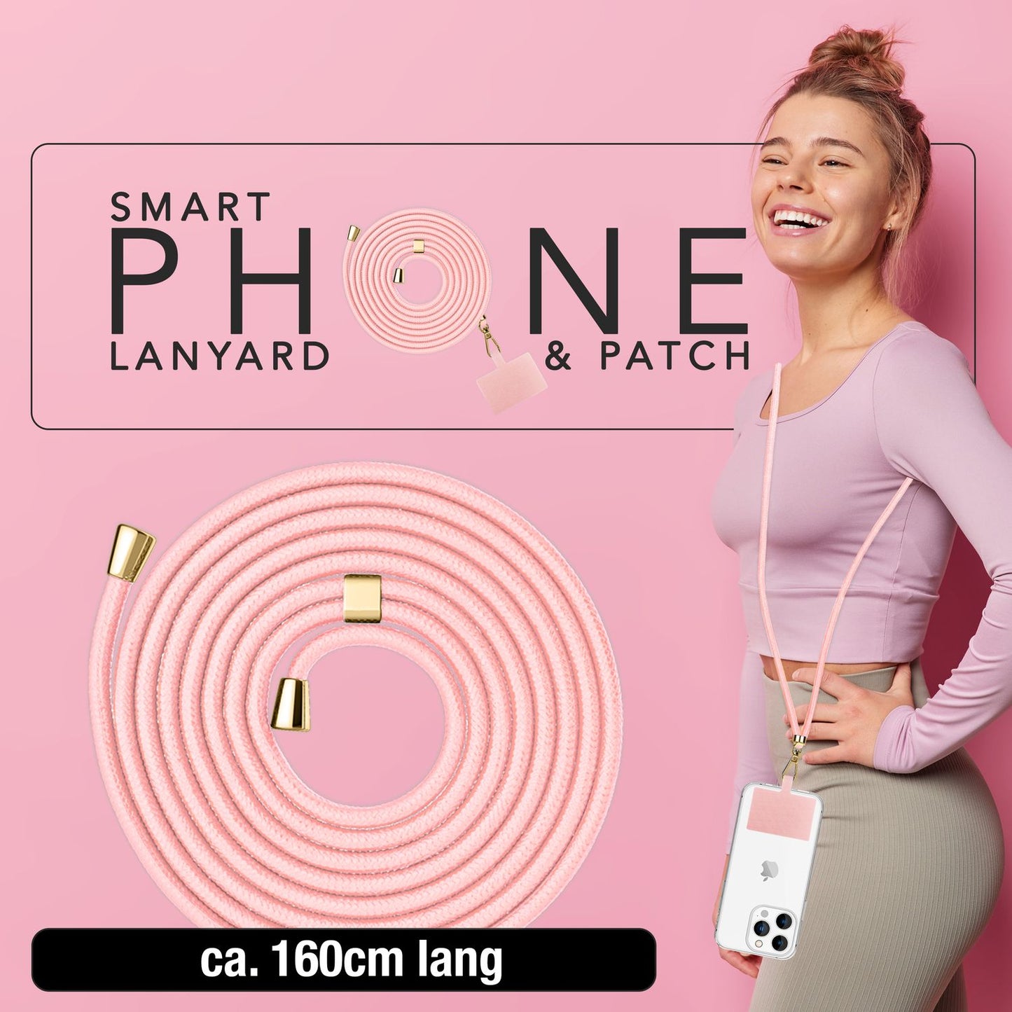 NALIA alhliða keðja með púða, ól fyrir símahulstur, karabínukrókur úr málmi (gull), lyklakippu, axlabönd 160 cm