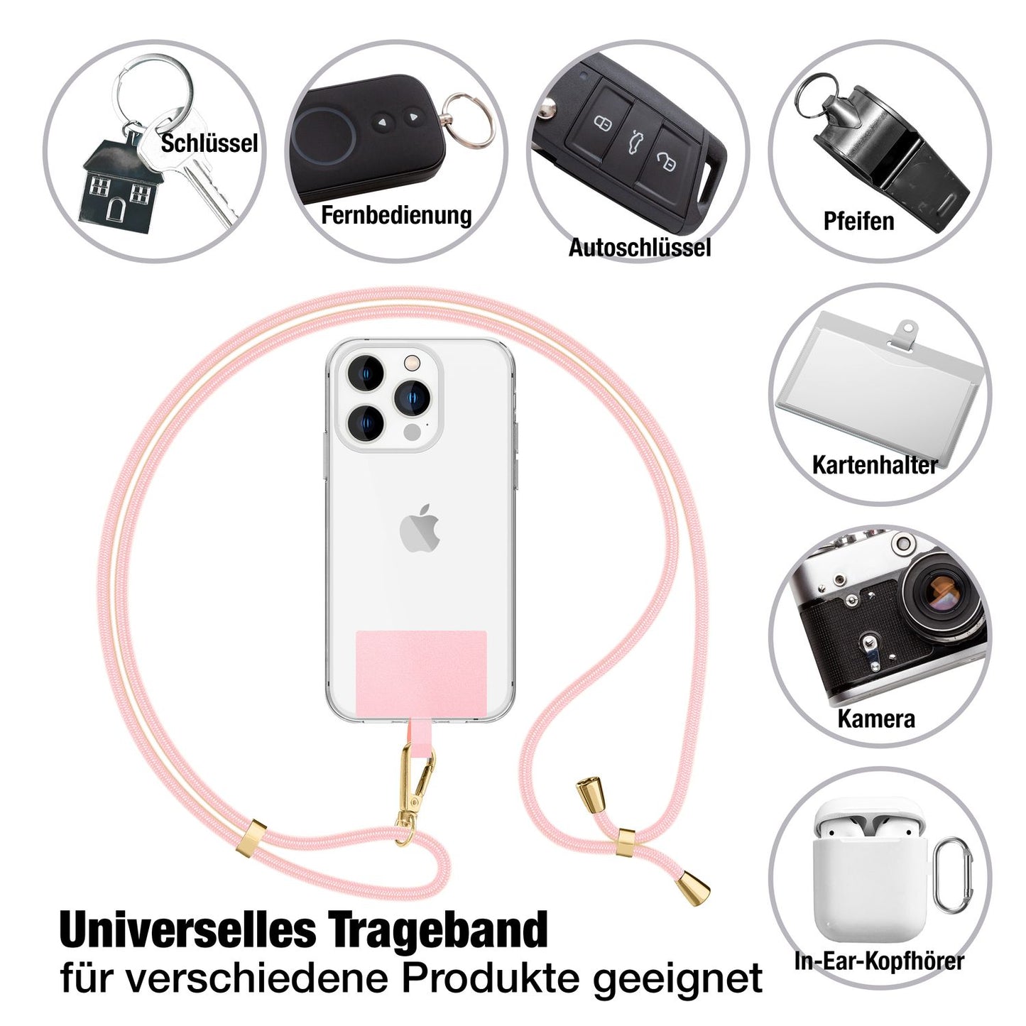 NALIA alhliða keðja með púða, ól fyrir símahulstur, karabínukrókur úr málmi (gull), lyklakippu, axlabönd 160 cm