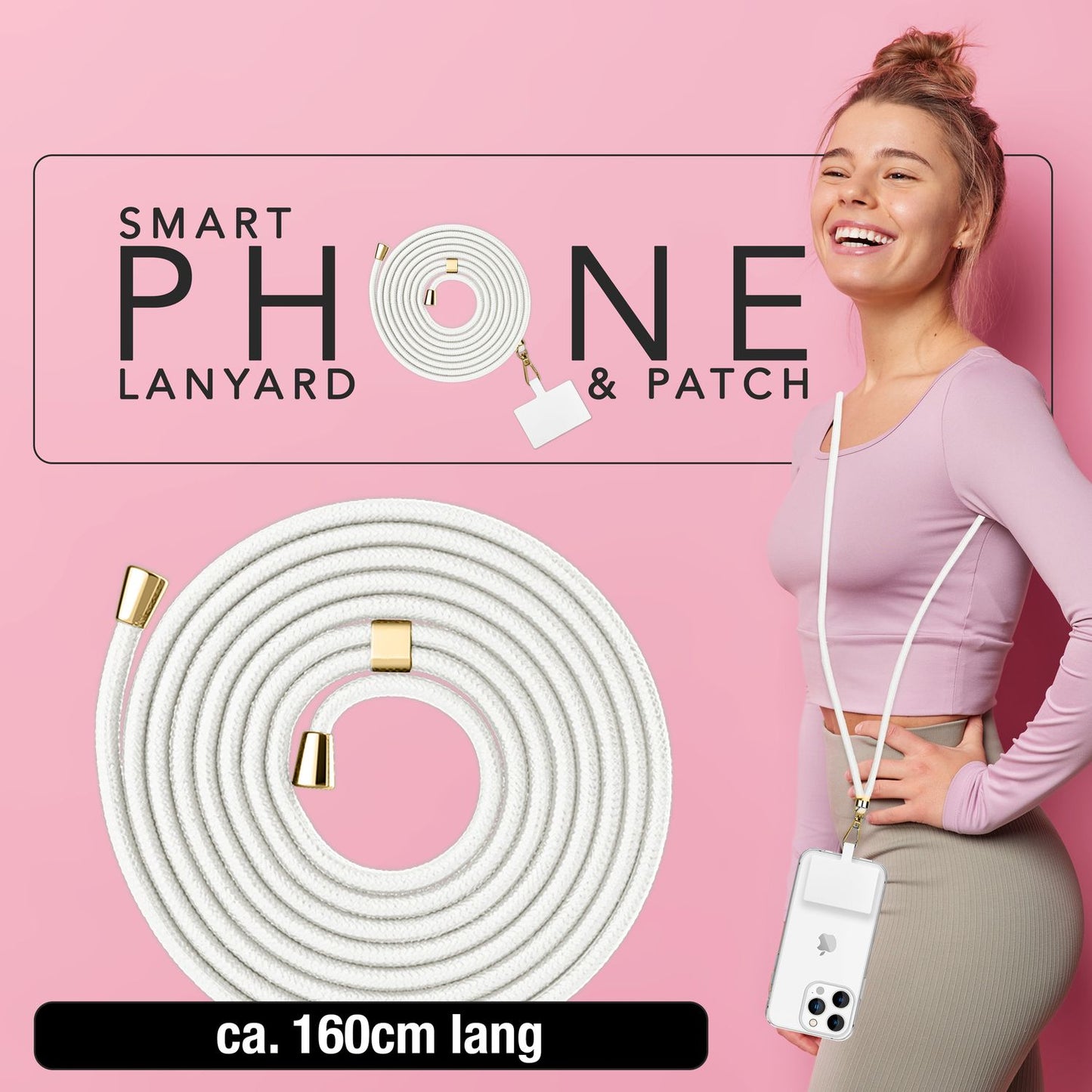 NALIA alhliða keðja með púða, ól fyrir símahulstur, karabínukrókur úr málmi (gull), lyklakippu, axlabönd 160 cm