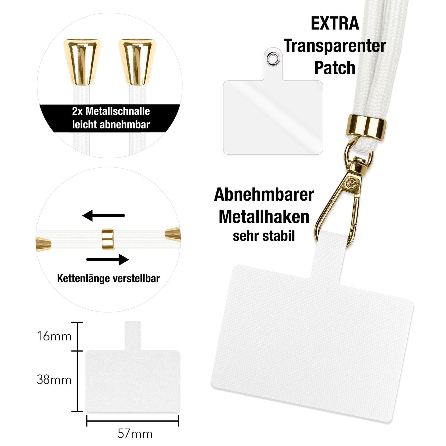 NALIA alhliða keðja með púða, ól fyrir símahulstur, karabínukrókur úr málmi (gull), lyklakippu, axlabönd 160 cm