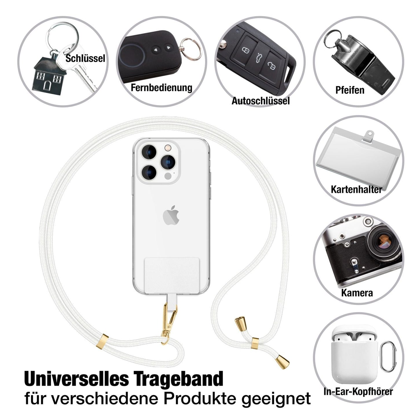 NALIA alhliða keðja með púða, ól fyrir símahulstur, karabínukrókur úr málmi (gull), lyklakippu, axlabönd 160 cm