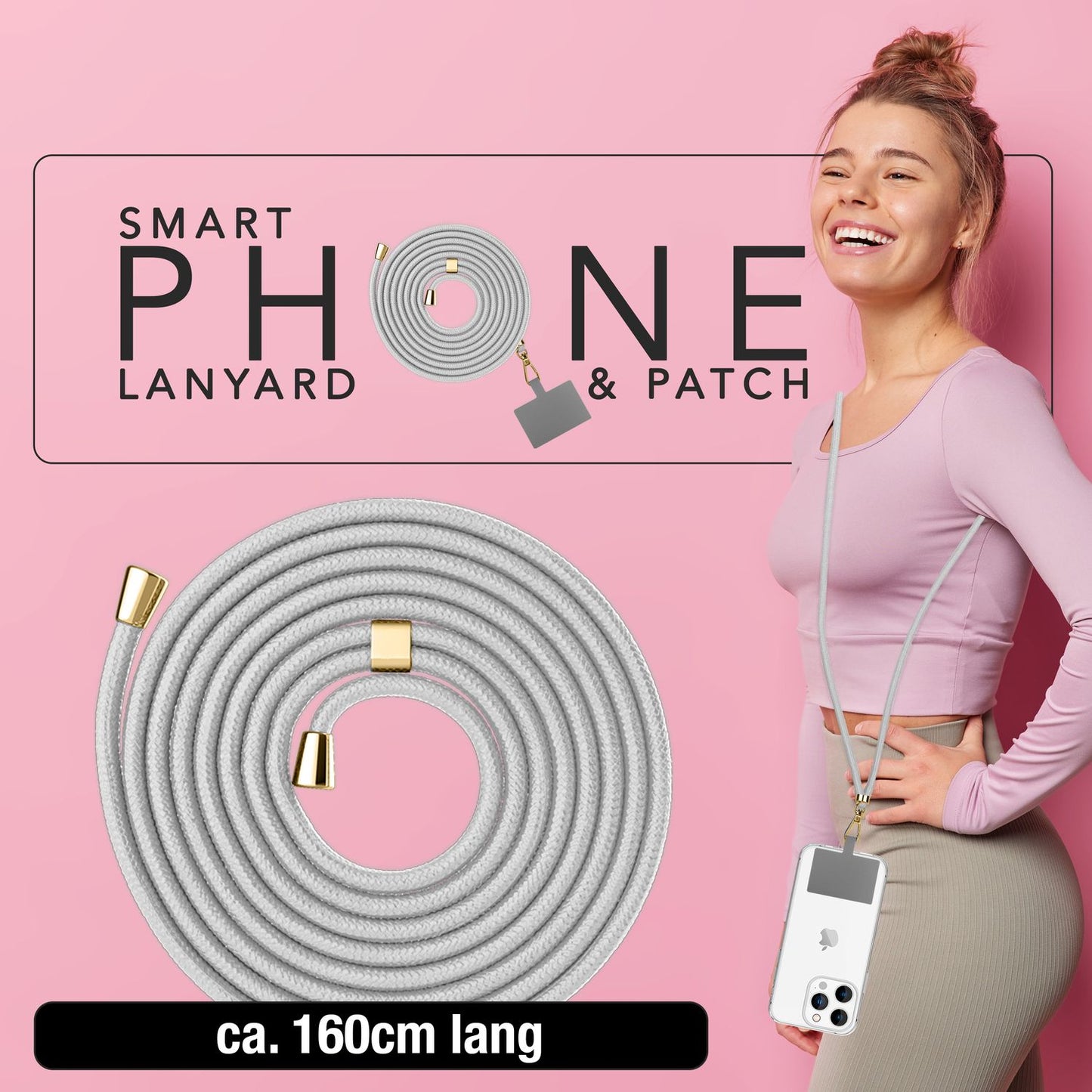 NALIA alhliða keðja með púða, ól fyrir símahulstur, karabínukrókur úr málmi (gull), lyklakippu, axlabönd 160 cm