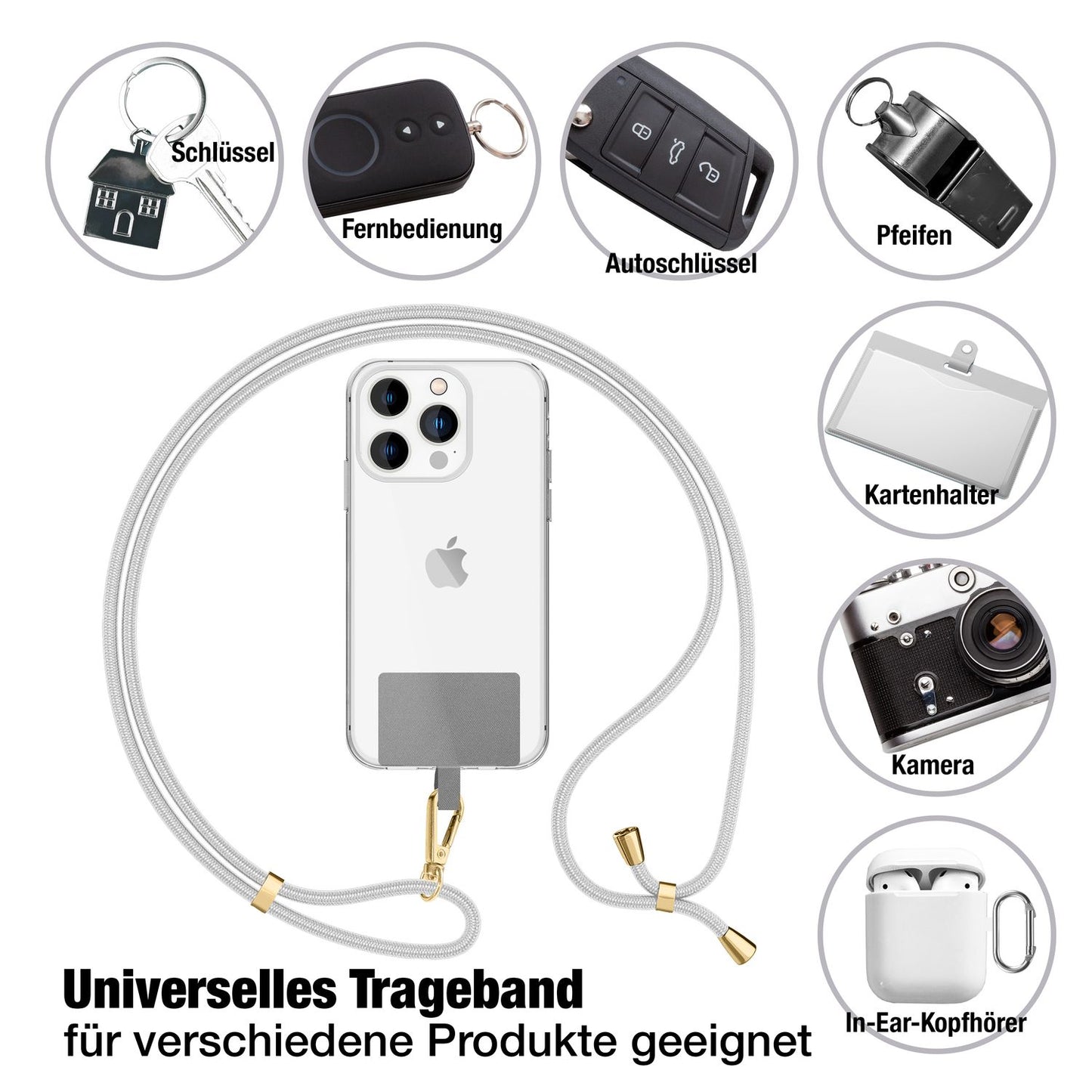 NALIA alhliða keðja með púða, ól fyrir símahulstur, karabínukrókur úr málmi (gull), lyklakippu, axlabönd 160 cm