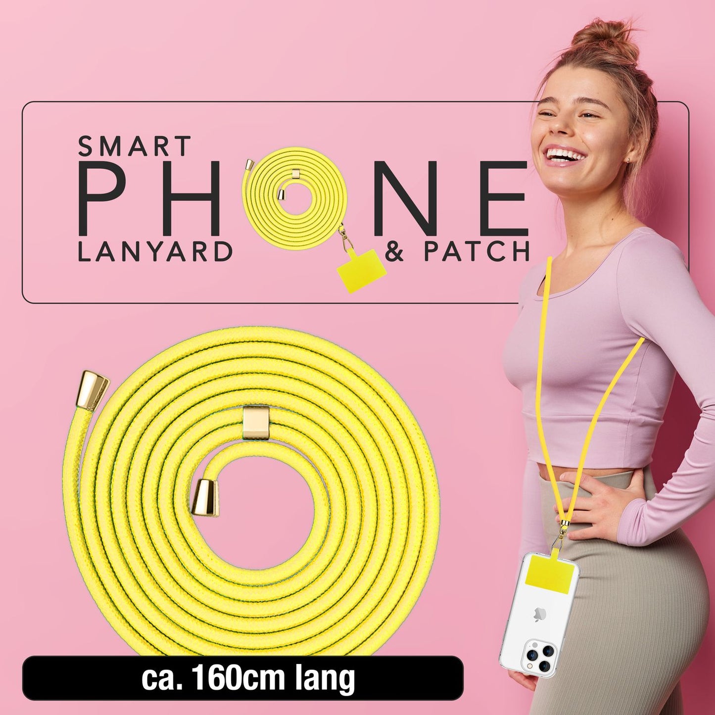 NALIA alhliða keðja með púða, ól fyrir símahulstur, karabínukrókur úr málmi (gull), lyklakippu, axlabönd 160 cm