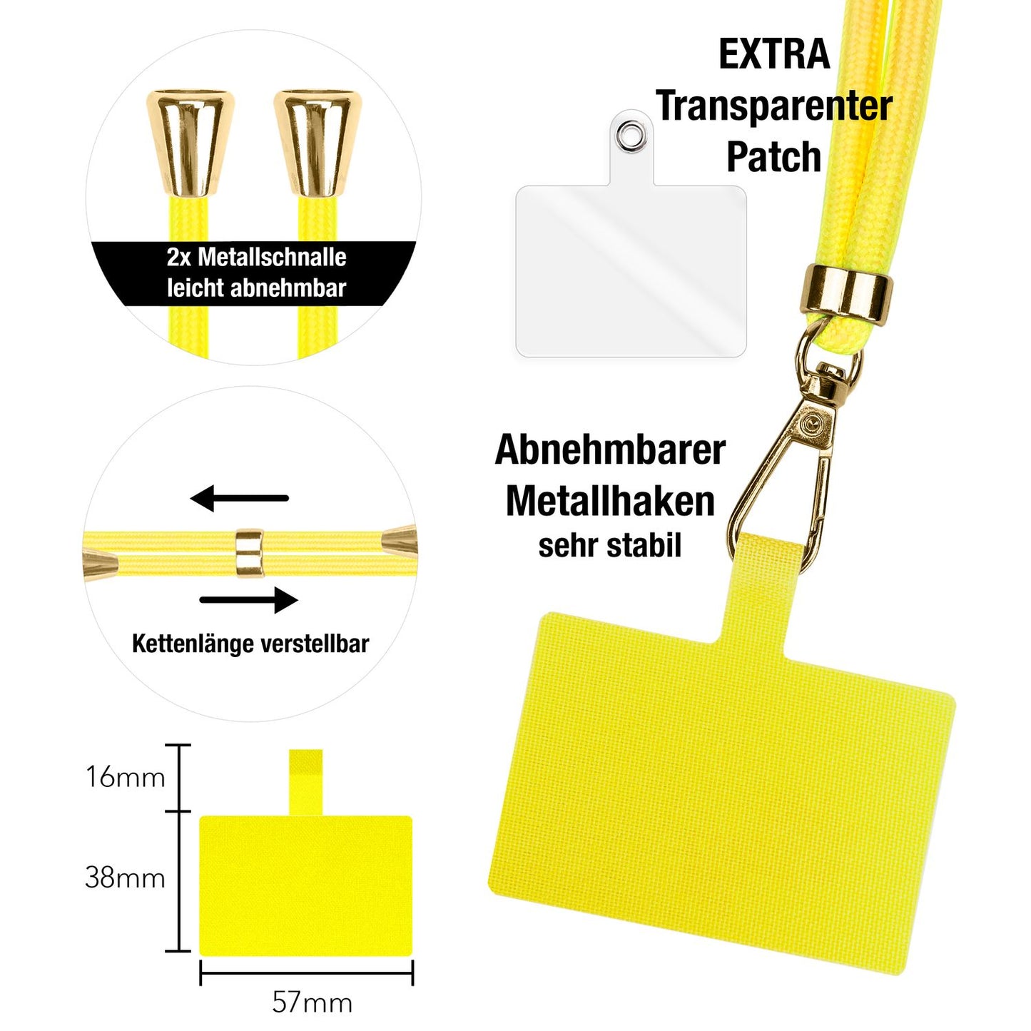 NALIA alhliða keðja með púða, ól fyrir símahulstur, karabínukrókur úr málmi (gull), lyklakippu, axlabönd 160 cm