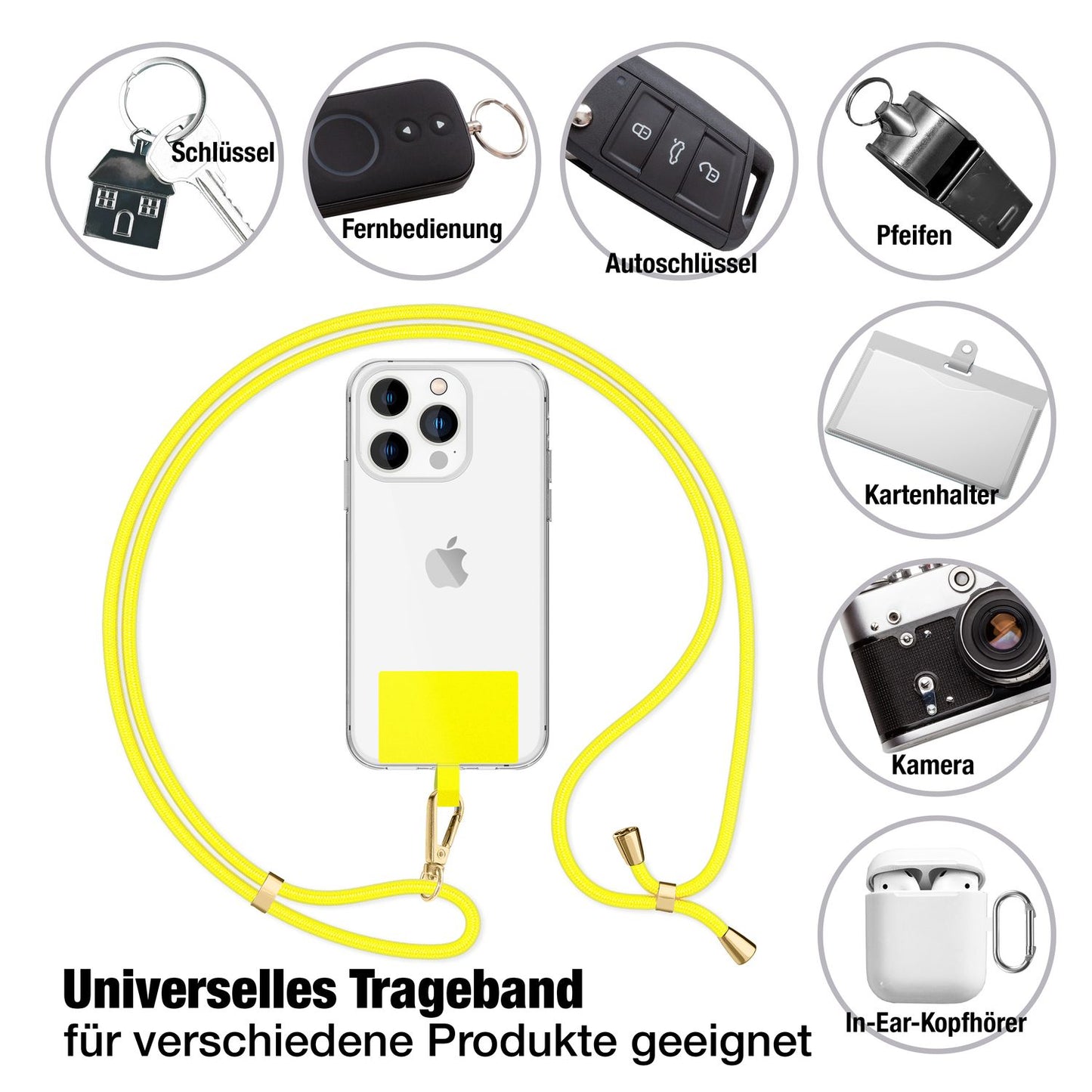 NALIA alhliða keðja með púða, ól fyrir símahulstur, karabínukrókur úr málmi (gull), lyklakippu, axlabönd 160 cm