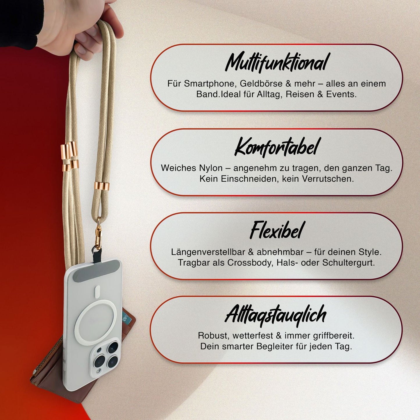 NALIA HoldMe alhliða símahálsmen fyrir snjallsíma og símahulstur, stillanleg og aftakanleg nylonreipi, axlaról, símaól, snúra með karabínuknúru og 2 merkimiðar