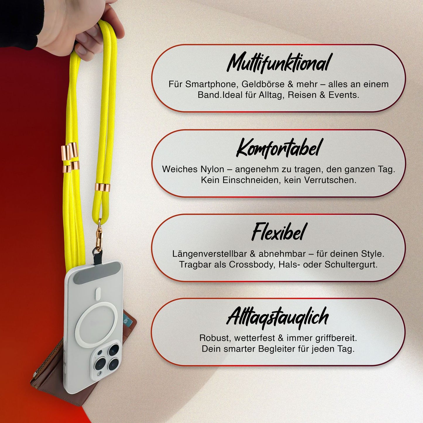 NALIA HoldMe alhliða símahálsmen fyrir snjallsíma og símahulstur, stillanleg og aftakanleg nylonreipi, axlaról, símaól, snúra með karabínuknúru og 2 merkimiðar