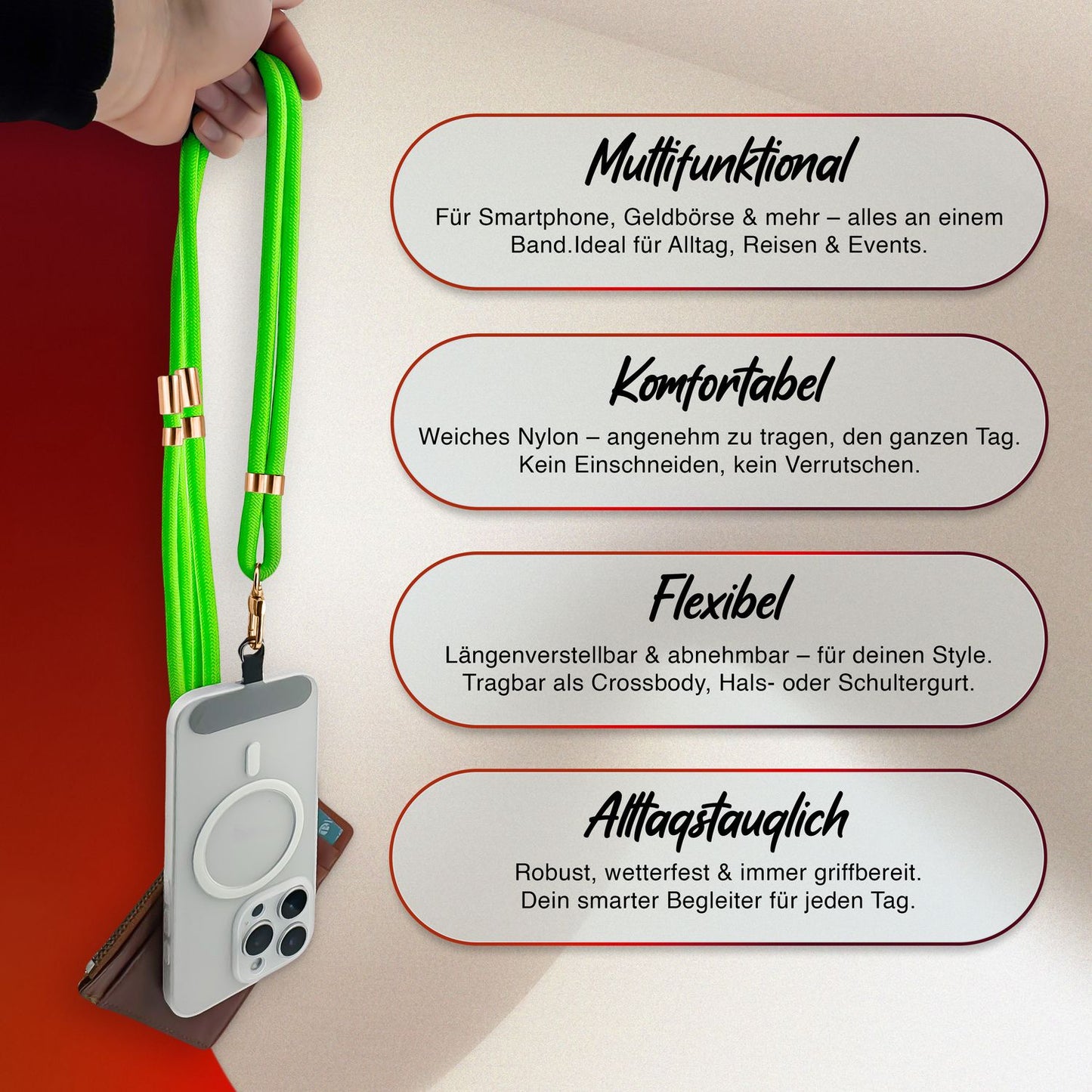 NALIA HoldMe alhliða símahálsmen fyrir snjallsíma og símahulstur, stillanleg og aftakanleg nylonreipi, axlaról, símaól, snúra með karabínuknúru og 2 merkimiðar