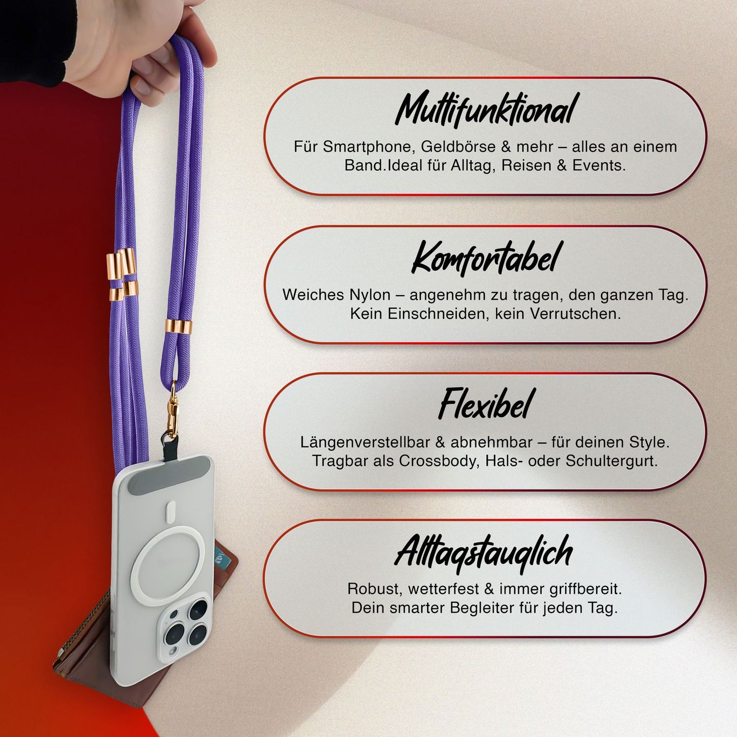 NALIA HoldMe alhliða símahálsmen fyrir snjallsíma og símahulstur, stillanleg og aftakanleg nylonreipi, axlaról, símaól, snúra með karabínuknúru og 2 merkimiðar