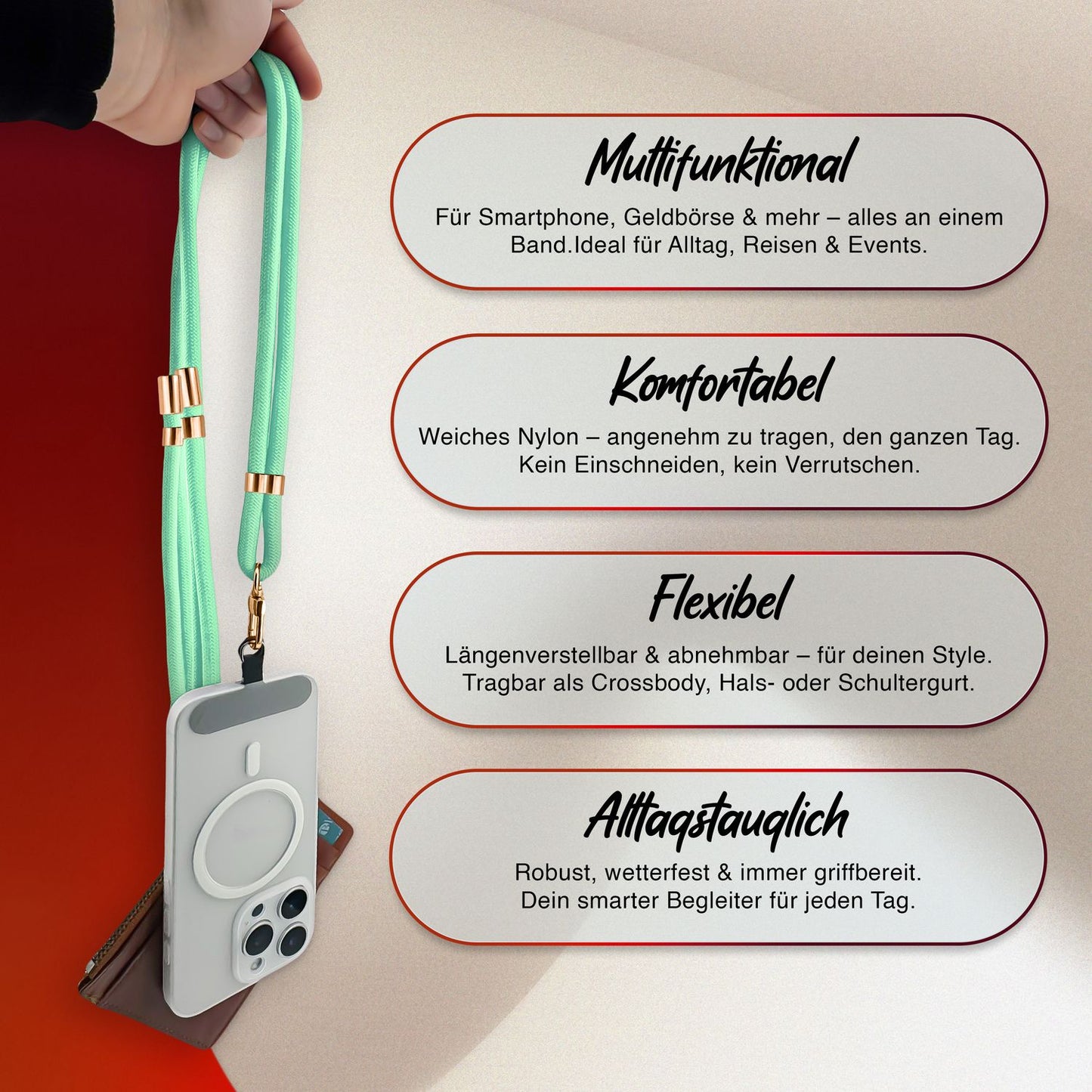 NALIA HoldMe alhliða símahálsmen fyrir snjallsíma og símahulstur, stillanleg og aftakanleg nylonreipi, axlaról, símaól, snúra með karabínuknúru og 2 merkimiðar