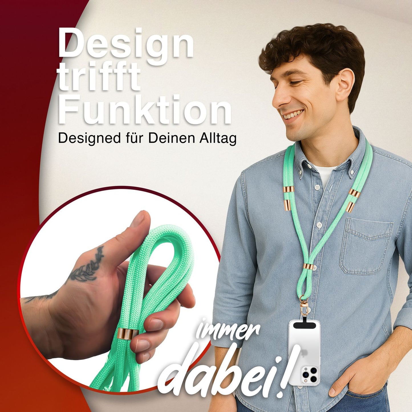 NALIA HoldMe alhliða símahálsmen fyrir snjallsíma og símahulstur, stillanleg og aftakanleg nylonreipi, axlaról, símaól, snúra með karabínuknúru og 2 merkimiðar