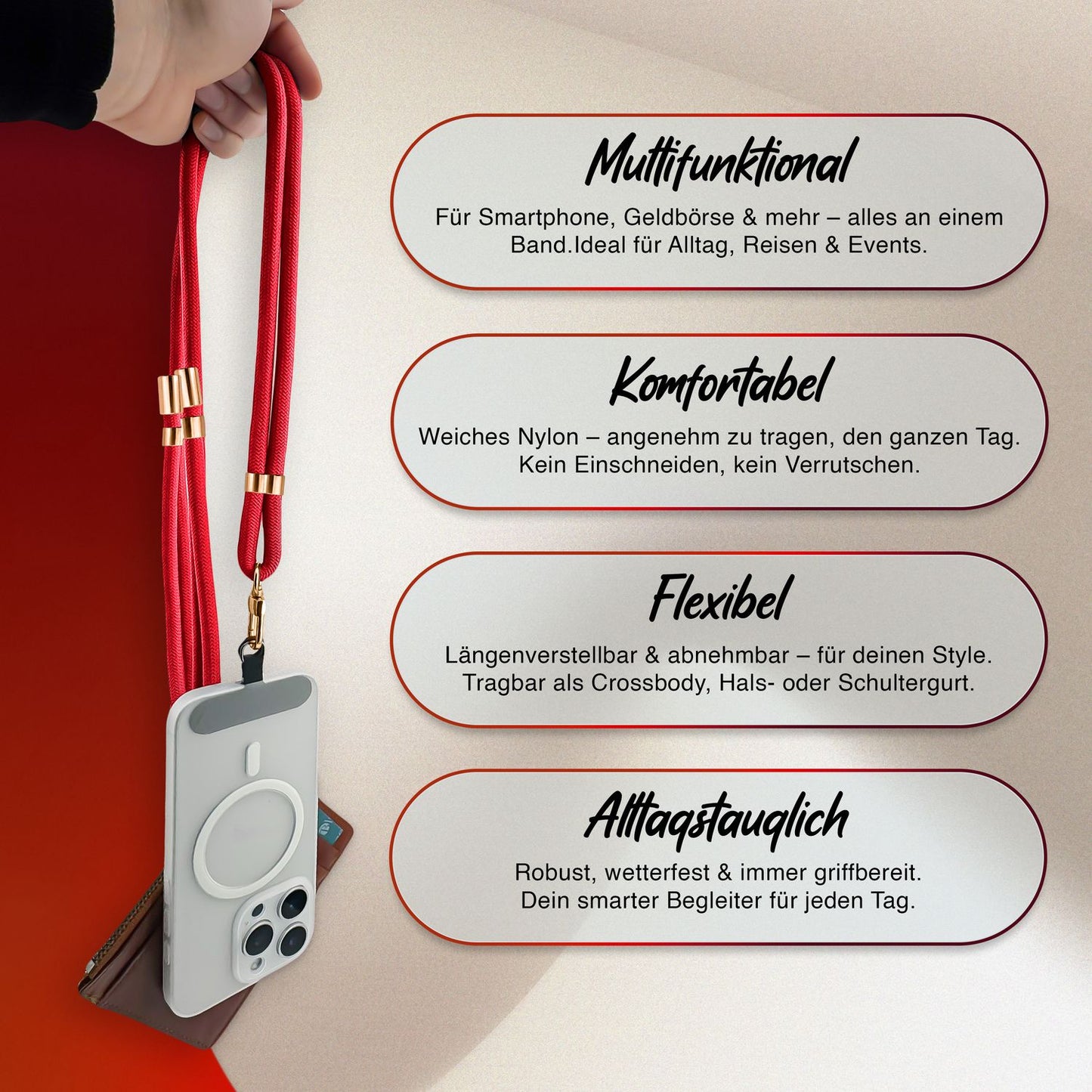 NALIA HoldMe alhliða símahálsmen fyrir snjallsíma og símahulstur, stillanleg og aftakanleg nylonreipi, axlaról, símaól, snúra með karabínuknúru og 2 merkimiðar