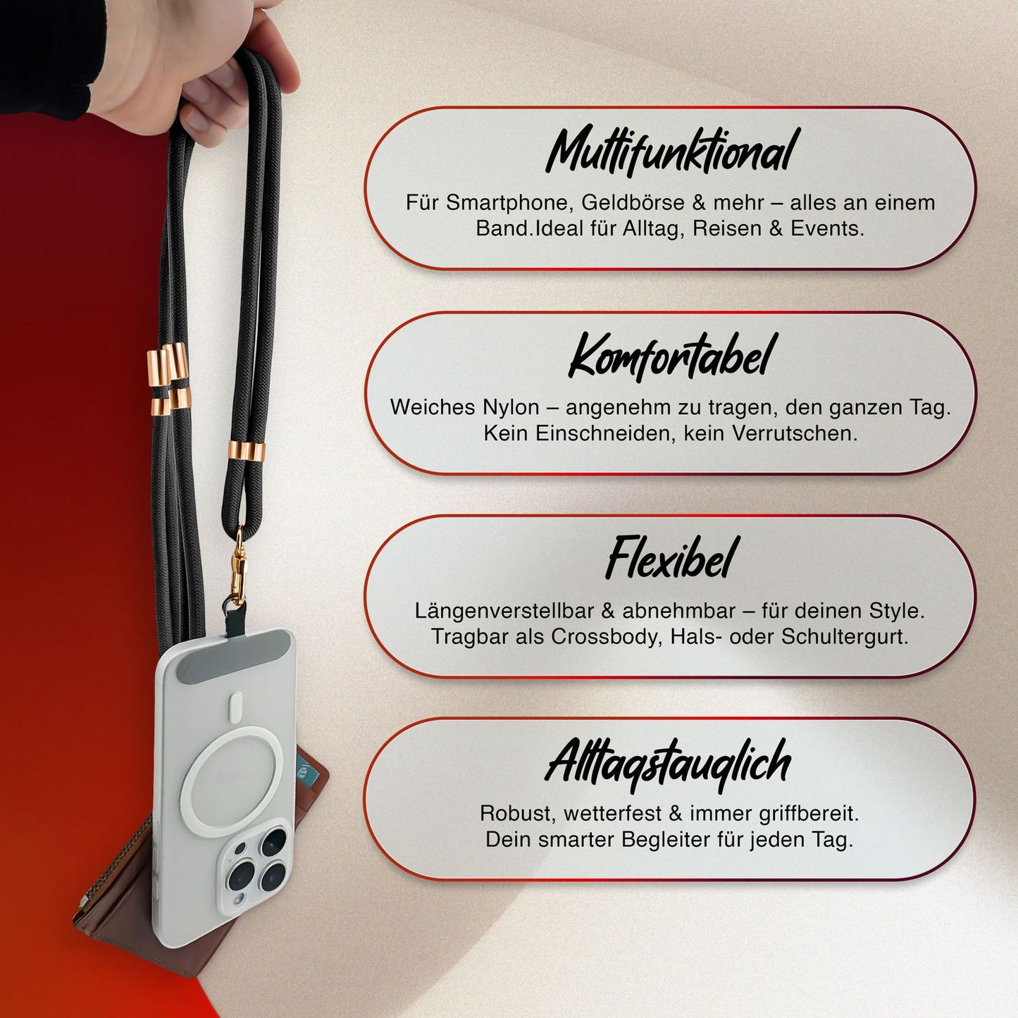 NALIA HoldMe alhliða símahálsmen fyrir snjallsíma og símahulstur, stillanleg og aftakanleg nylonreipi, axlaról, símaól, snúra með karabínuknúru og 2 merkimiðar