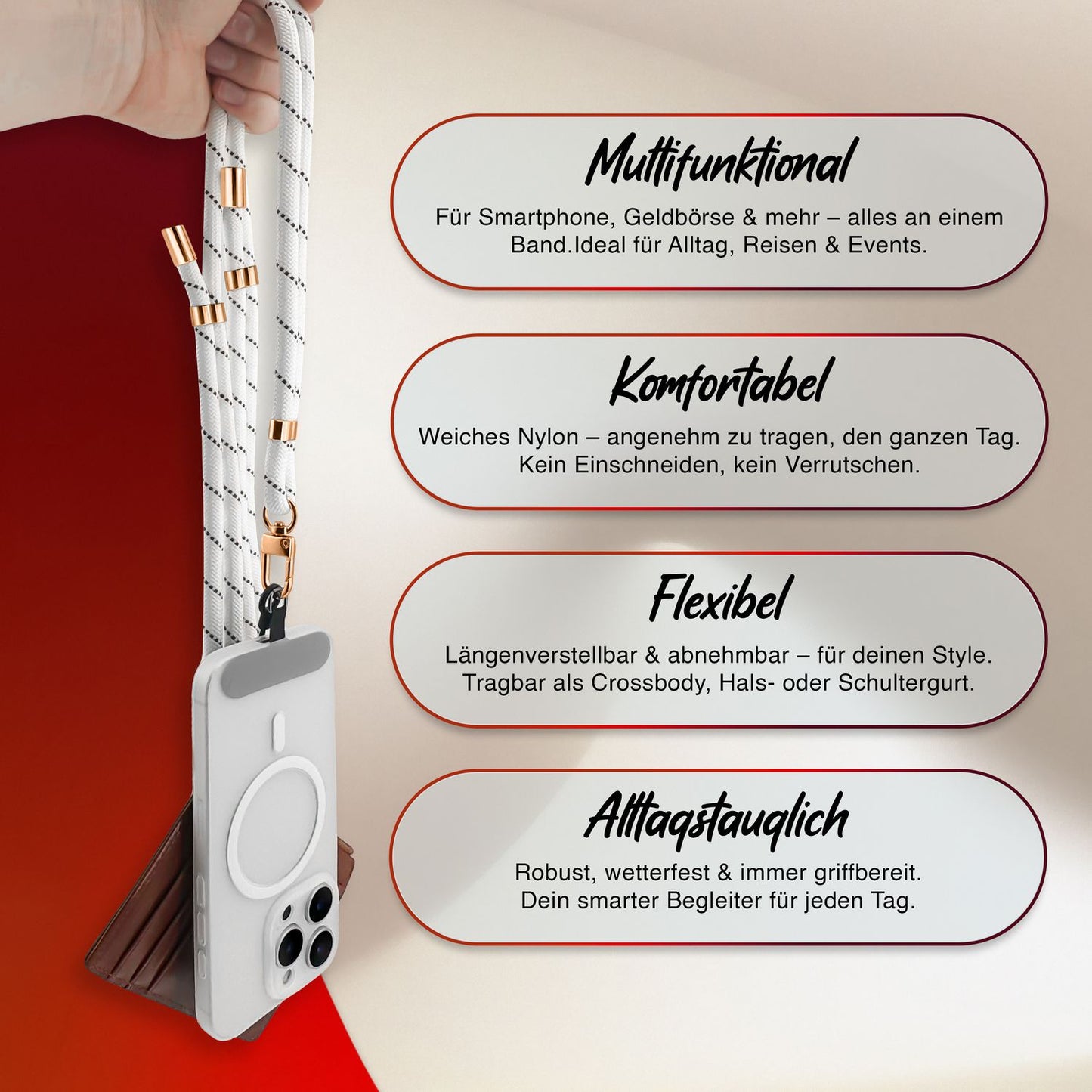 NALIA HoldMe alhliða símahálsmen fyrir snjallsíma og símahulstur, stillanleg og aftakanleg nylonreipi, axlaról, símaól, snúra með karabínuknúru og 2 merkimiðar