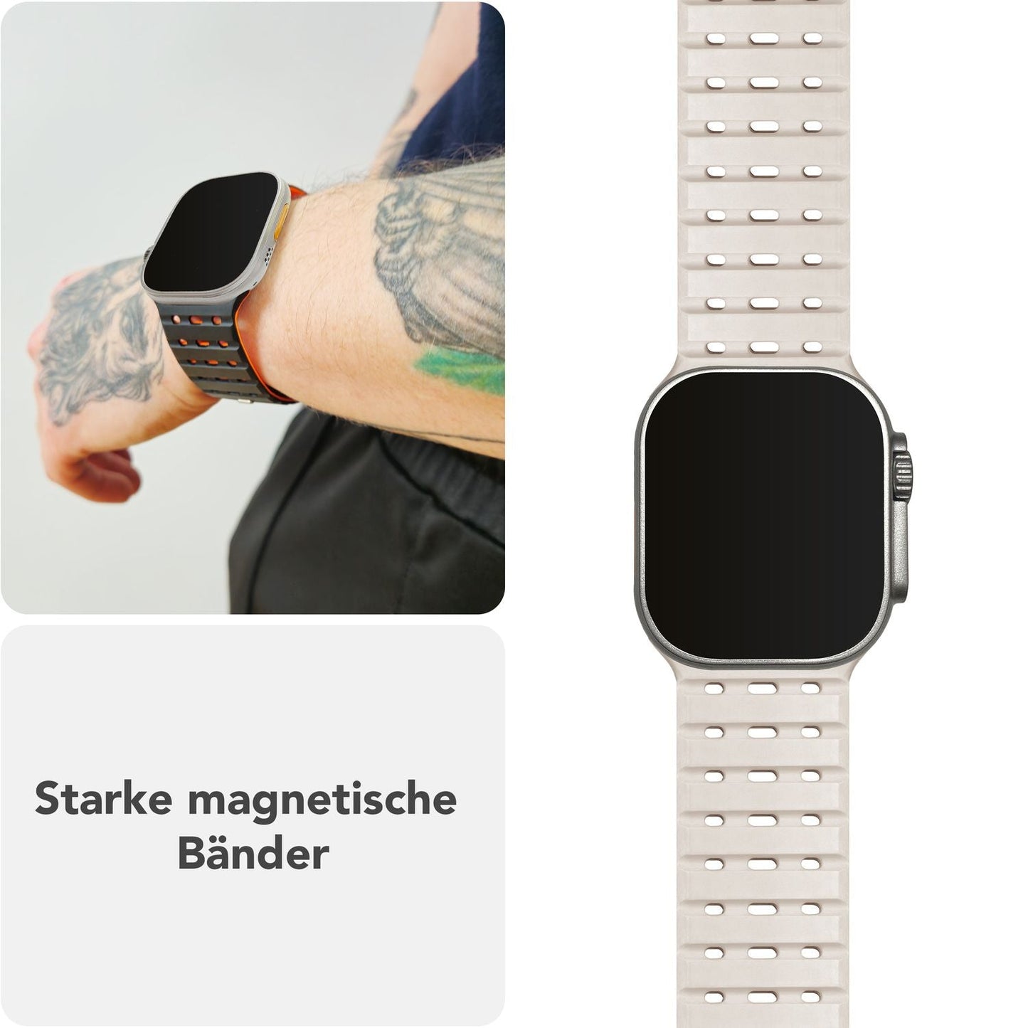 NALIA Volt armband fyrir Apple Watch Series Ultra/SE/10/9/8/7/6/5/4/3/2/1, kassastærð 42/44/45/49 mm, segulmagnað sílikonlykkjuband með smellulokun