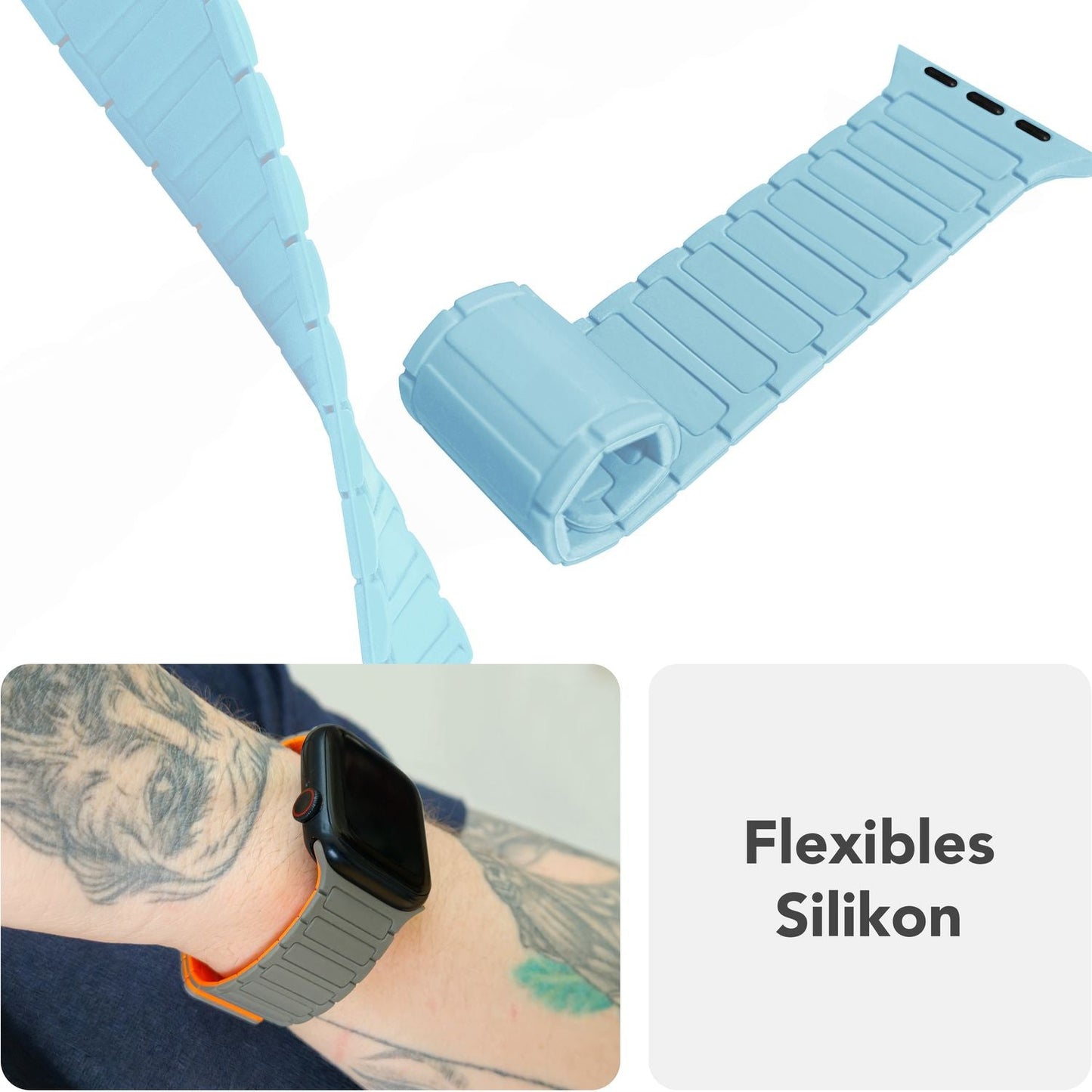 NALIA Nexus ól fyrir Apple Watch Ultra/SE/10/9/8/7/6/5/4/3/2/1, kassastærð 42/44/45/46/49 mm, segulmagnað sílikonlykkjuól með bylgjuáferð