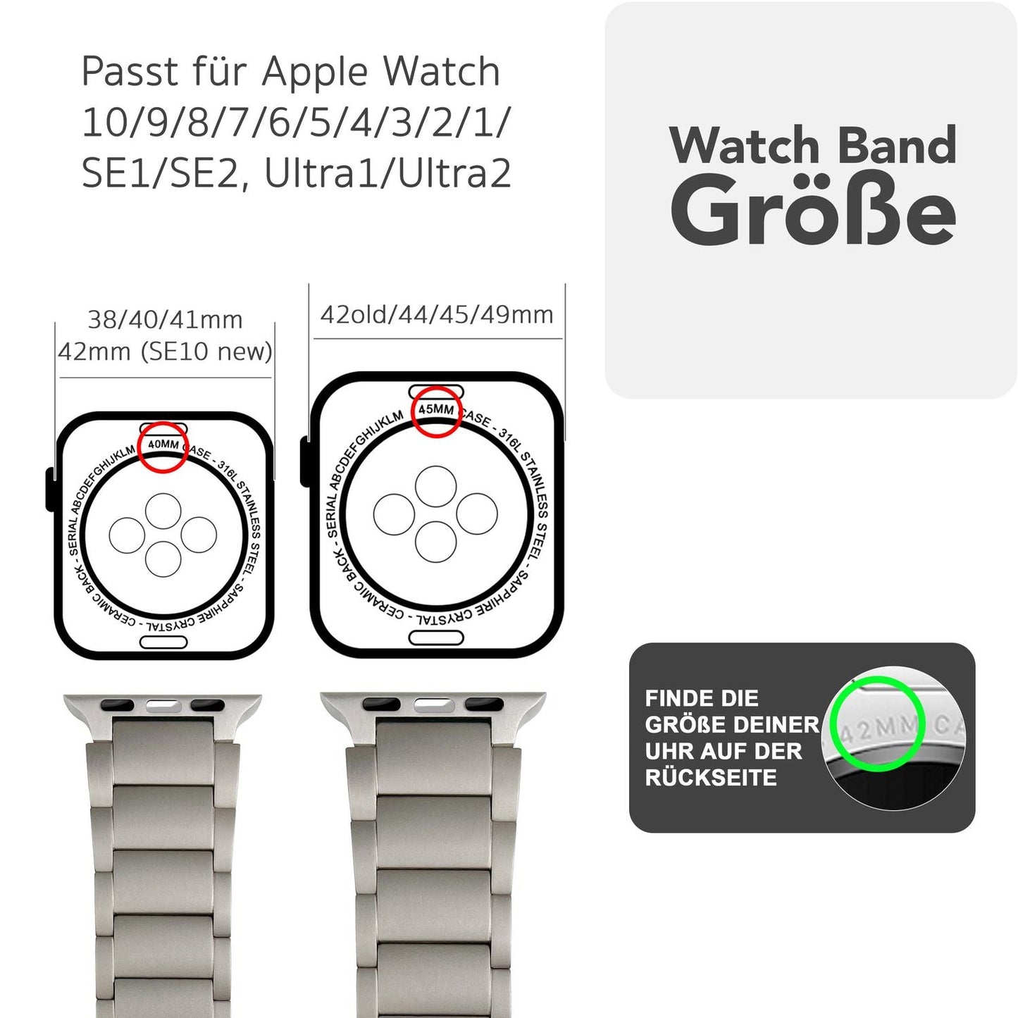 NALIA Argon Titan Armband für Apple Watch Ultra/SE/10/9/8/7/6/5/4/3/2/1, Gehäusegröße 42/44/45/46/49mm, Rostfreies Metall Ersatzarmband mit Faltschließe
