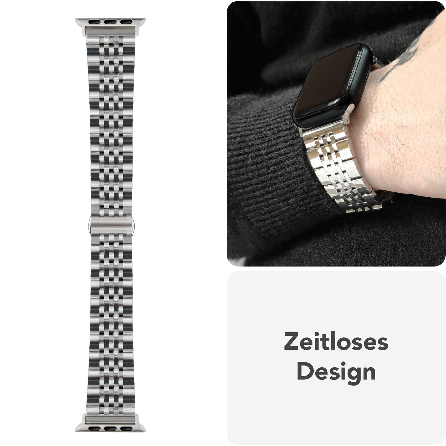 NALIA Trivo ryðfrítt stálól fyrir Apple Watch SE/10/9/8/7/6/5/4/3/2/1, kassastærð 38/40/41/42 mm, ryðfrítt málmól með fiðrildalás