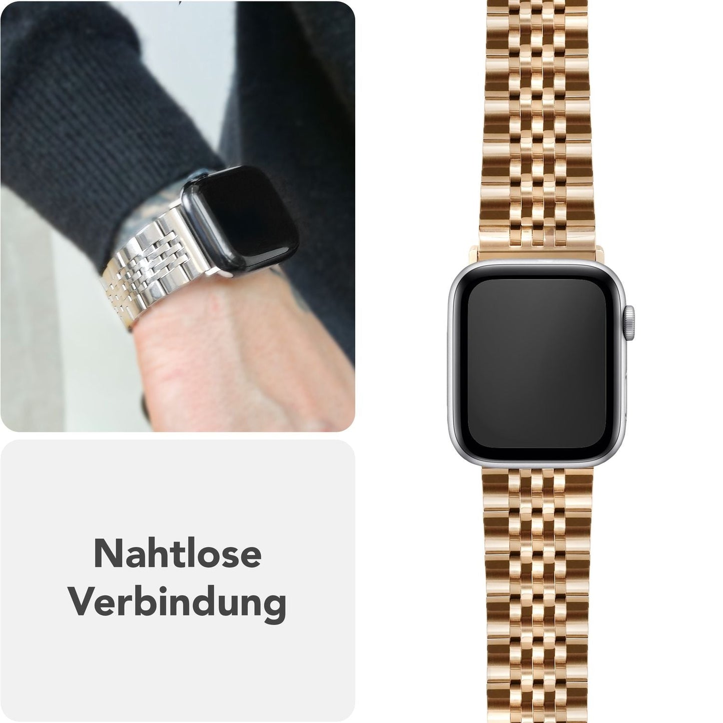 NALIA Trivo ryðfrítt stálól fyrir Apple Watch SE/10/9/8/7/6/5/4/3/2/1, kassastærð 38/40/41/42 mm, ryðfrítt málmól með fiðrildalás