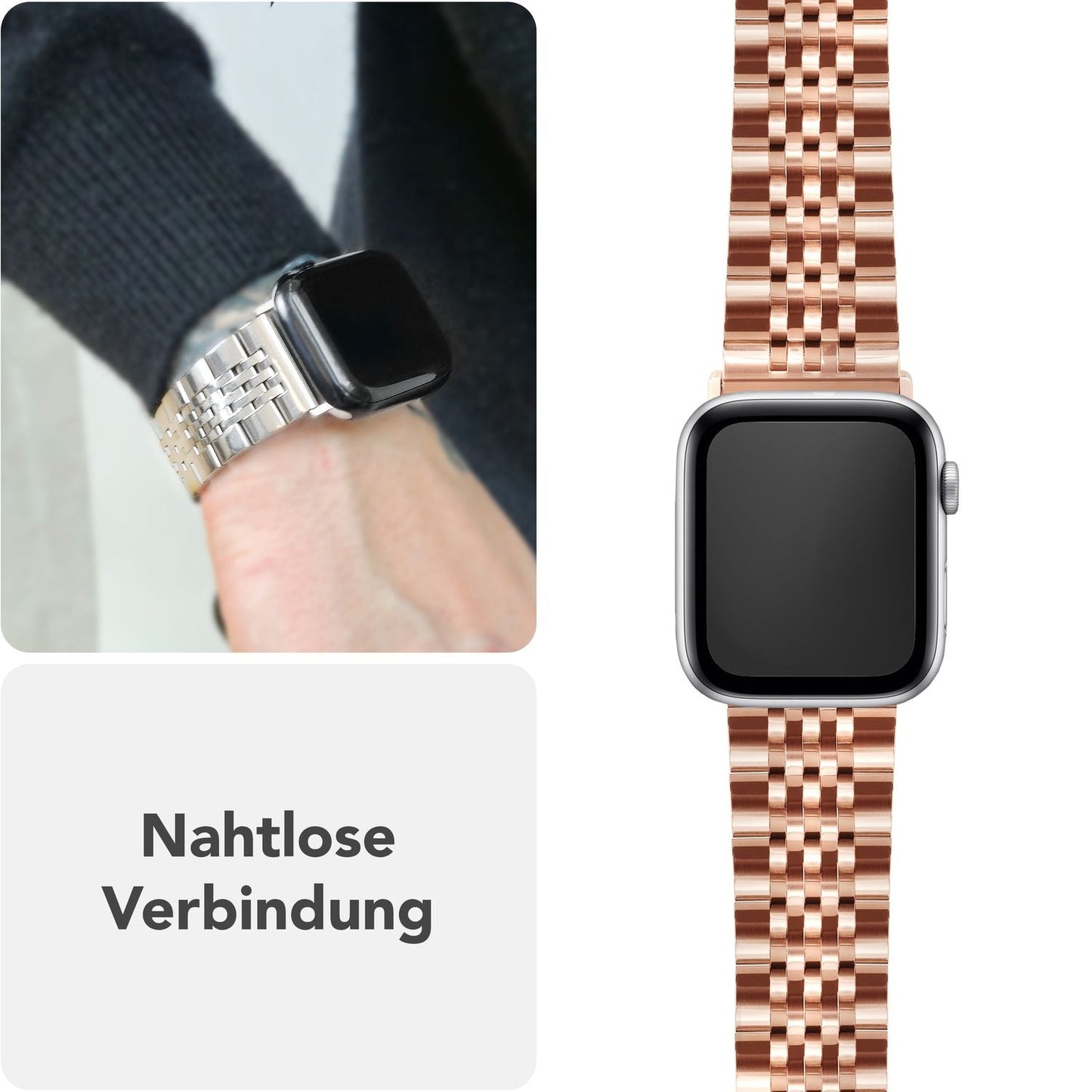 NALIA Trivo ryðfrítt stálól fyrir Apple Watch SE/10/9/8/7/6/5/4/3/2/1, kassastærð 38/40/41/42 mm, ryðfrítt málmól með fiðrildalás