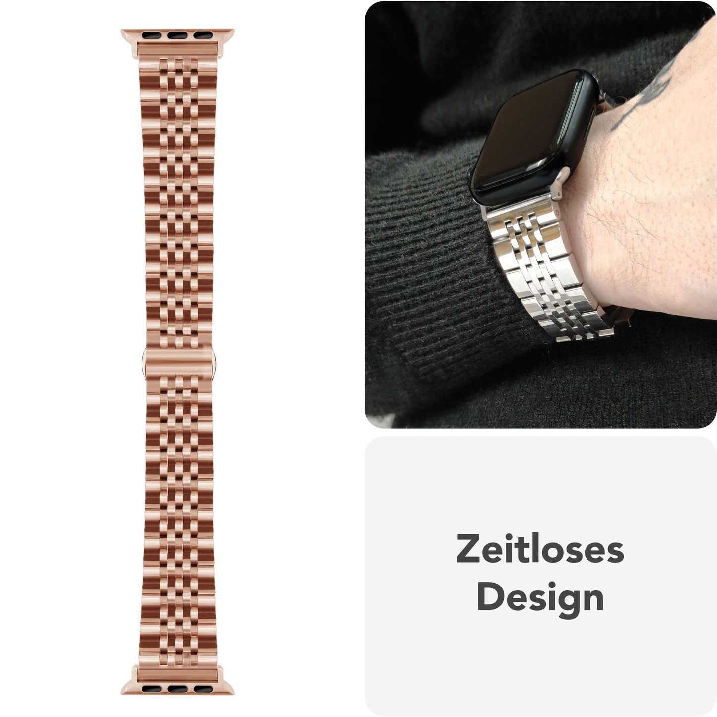 NALIA Trivo ryðfrítt stálól fyrir Apple Watch SE/10/9/8/7/6/5/4/3/2/1, kassastærð 38/40/41/42 mm, ryðfrítt málmól með fiðrildalás