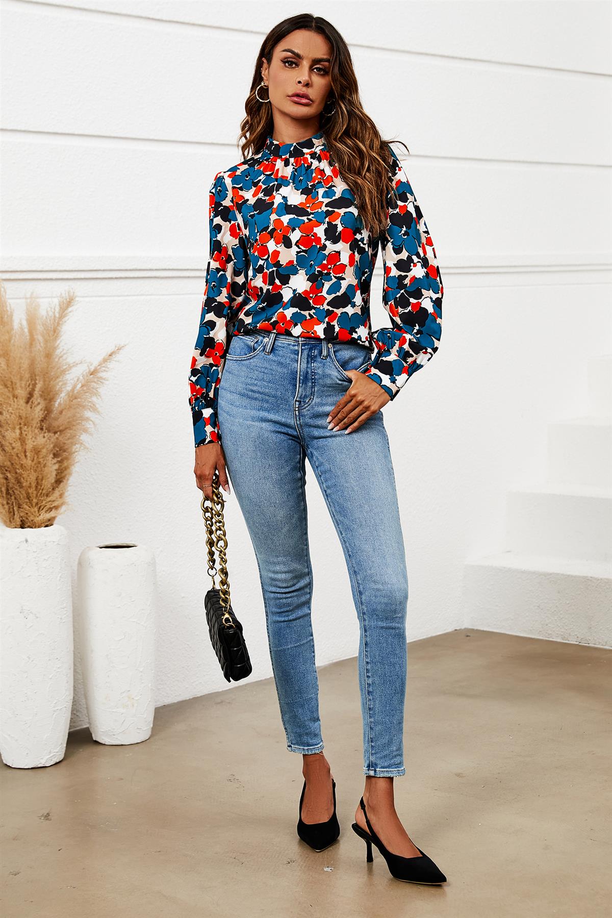 Floral Print Long Sleeve High Neck Top In Blue 