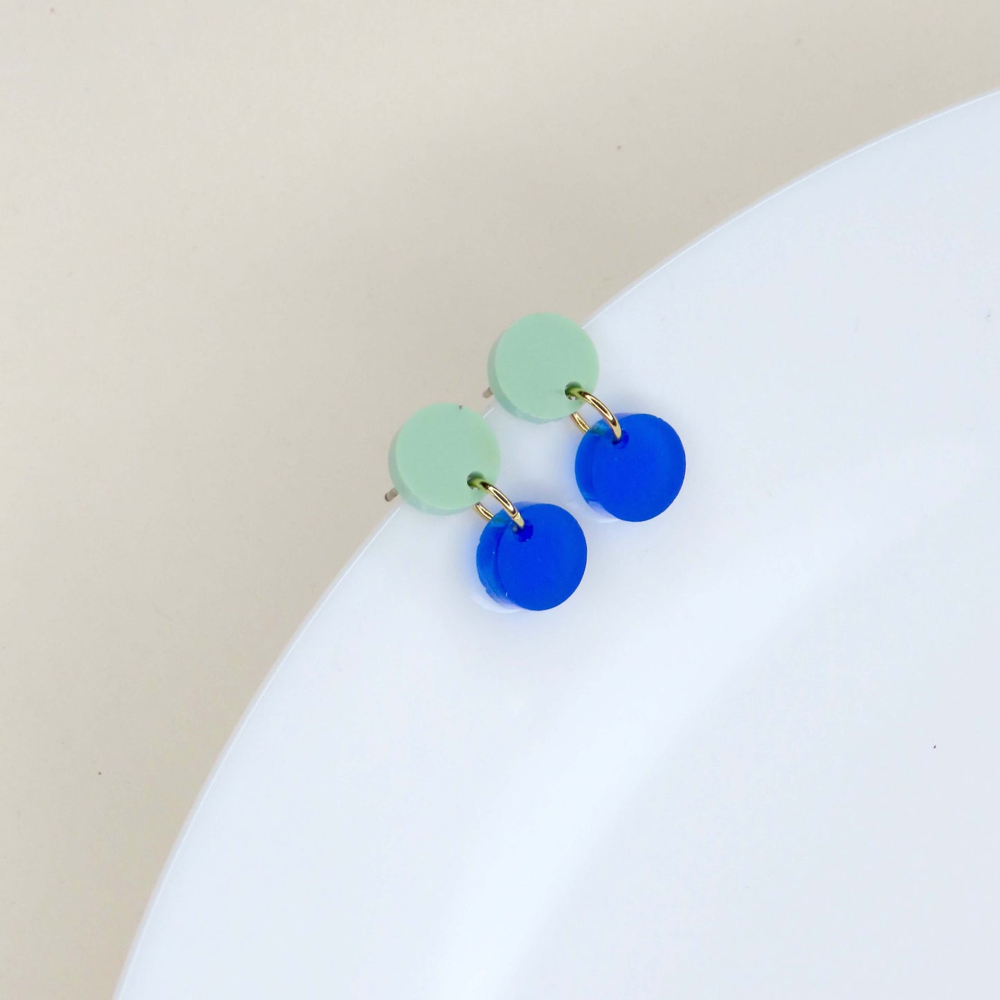 Dotty acrylic earrings in light green deep blue
