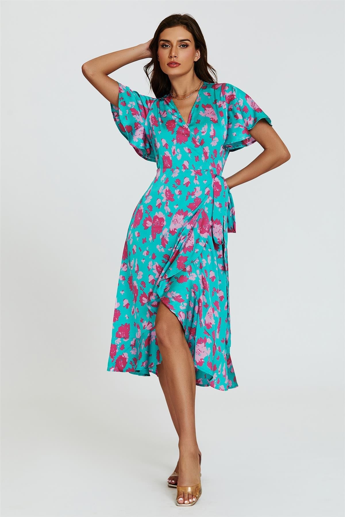 Turquoise &amp; Hot Pink Print Angel Sleeve Wrap Midi Dress