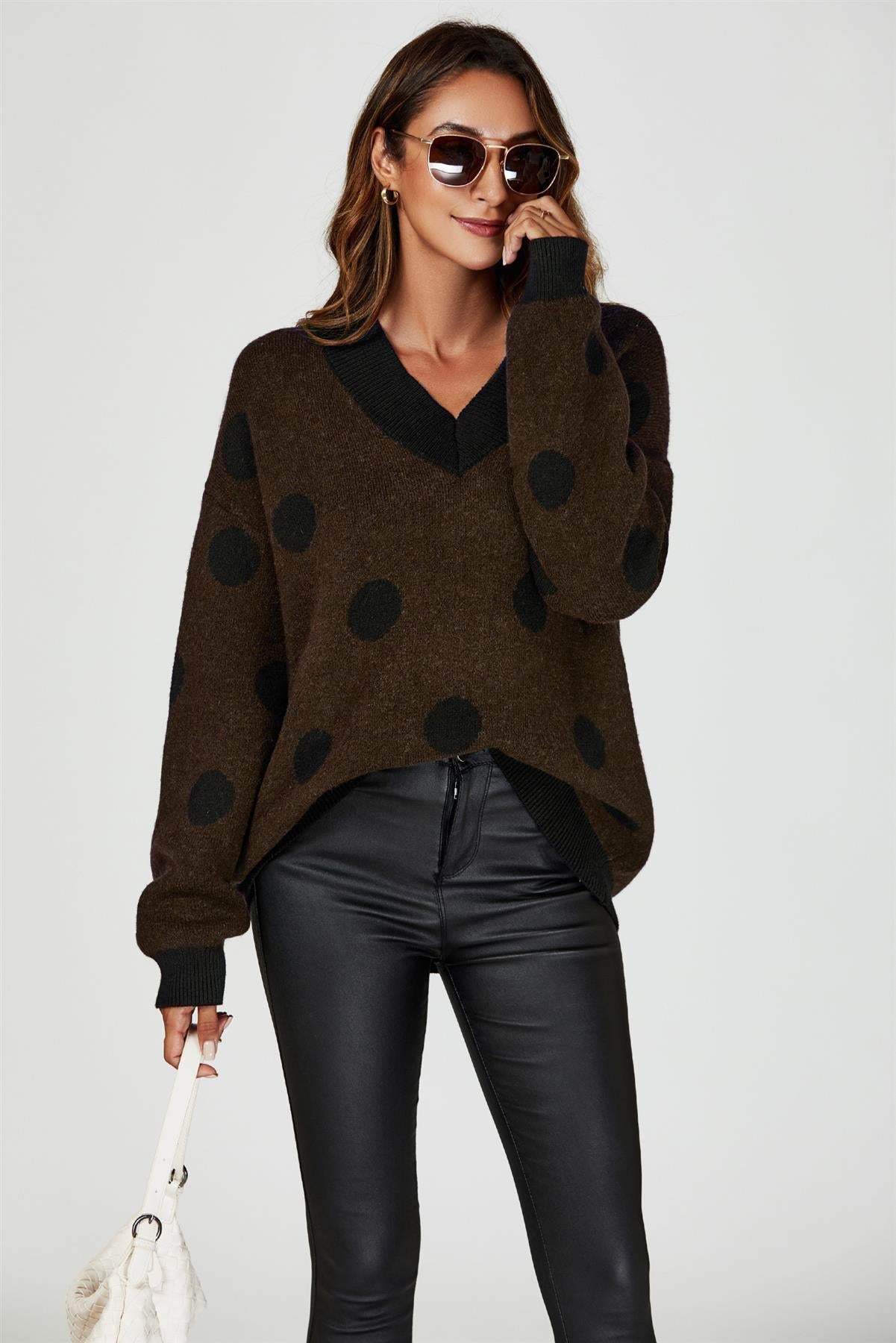 Wool Blended V Neck Jumper In Brown &amp; Black Polka Dot