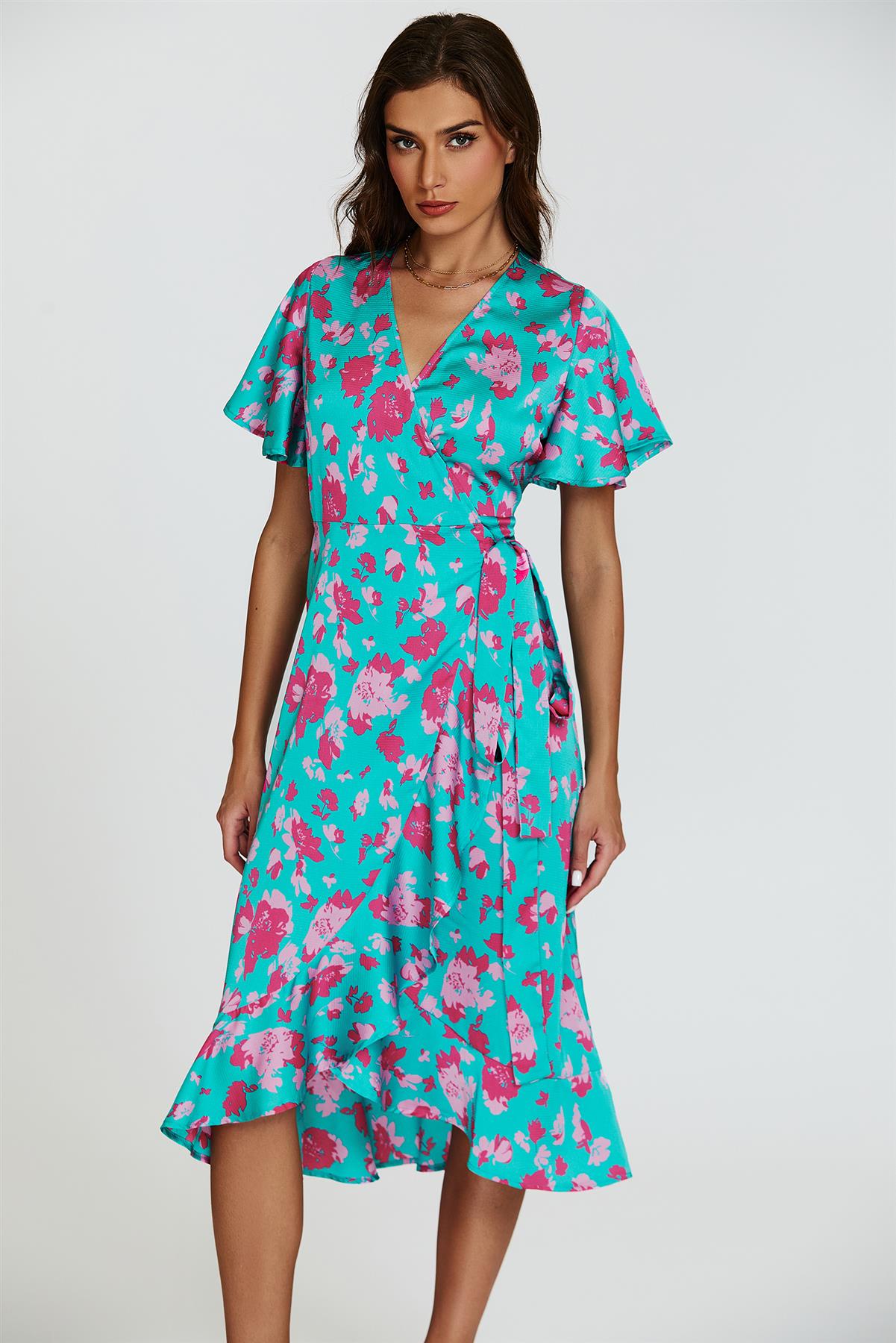 Turquoise &amp; Hot Pink Print Angel Sleeve Wrap Midi Dress