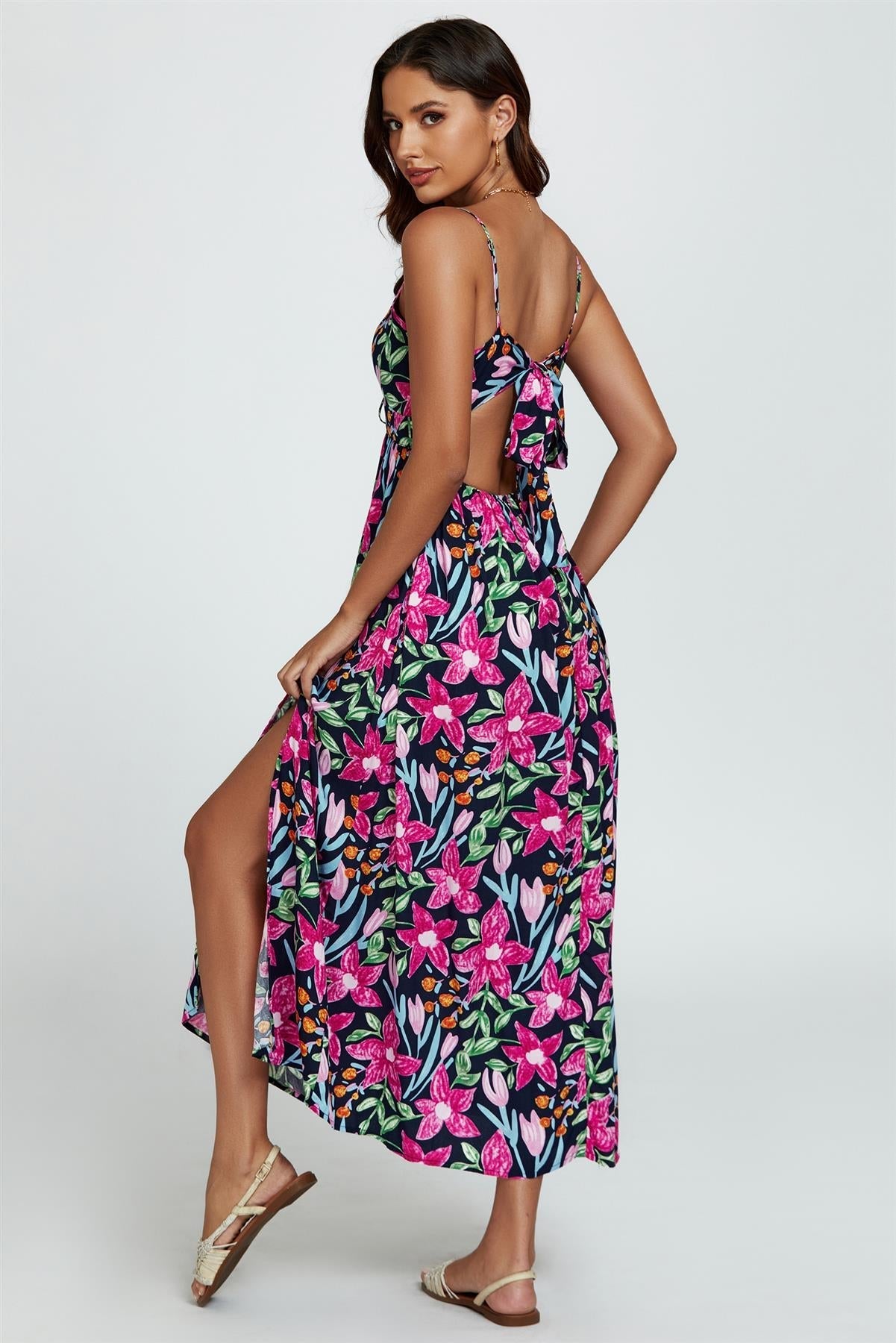 Floral Print Tie Front Maxi Dress In Black