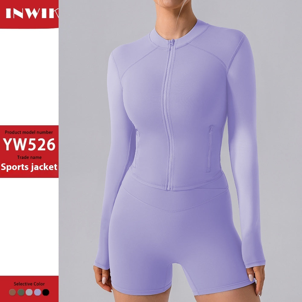 Autumn High Elastic Gym Sports Top Women Long Sleeve Slim-fit Zipper Cardigan