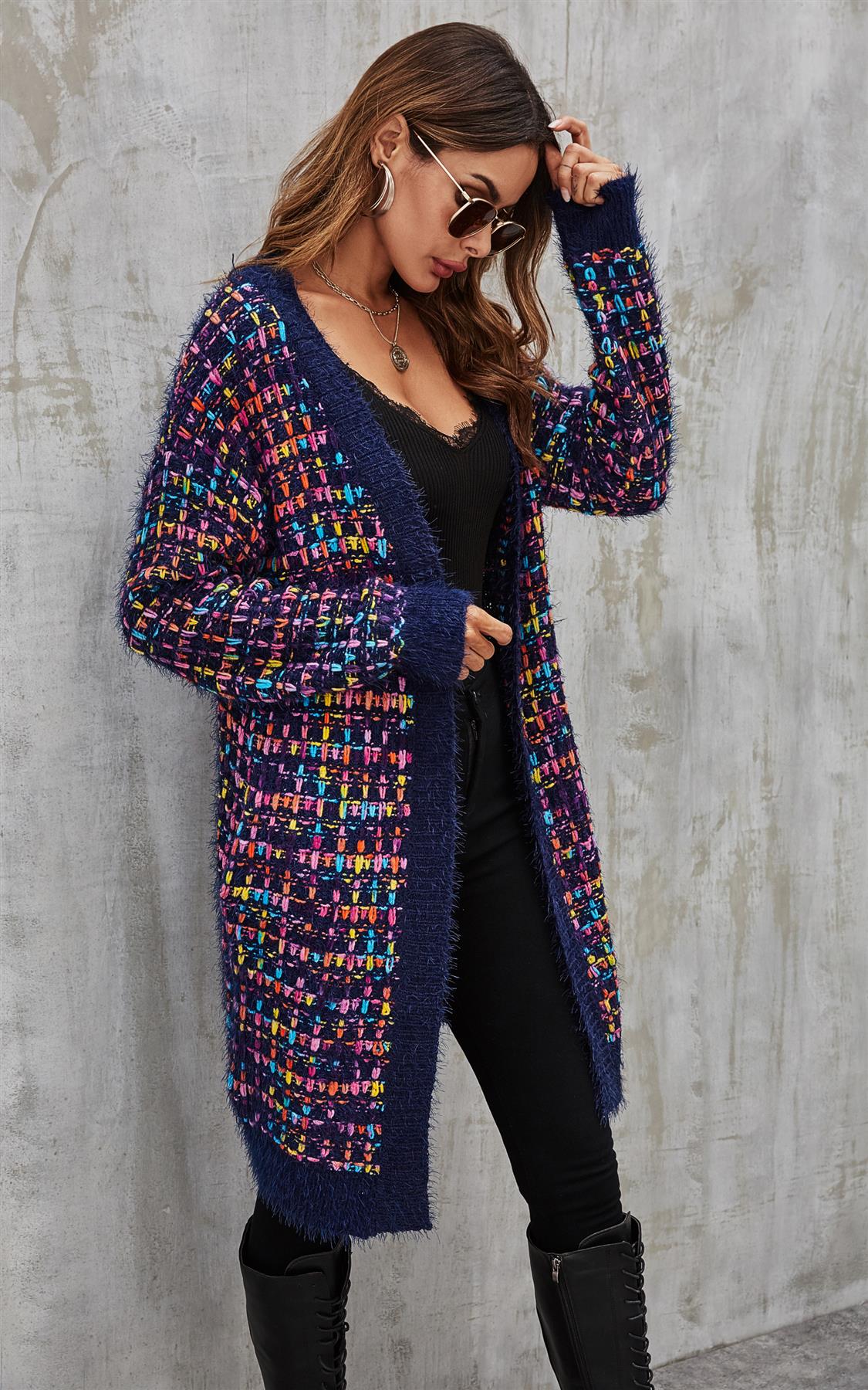 Pink mix Multi color Speckles Boucle Check Cardigan In Navy