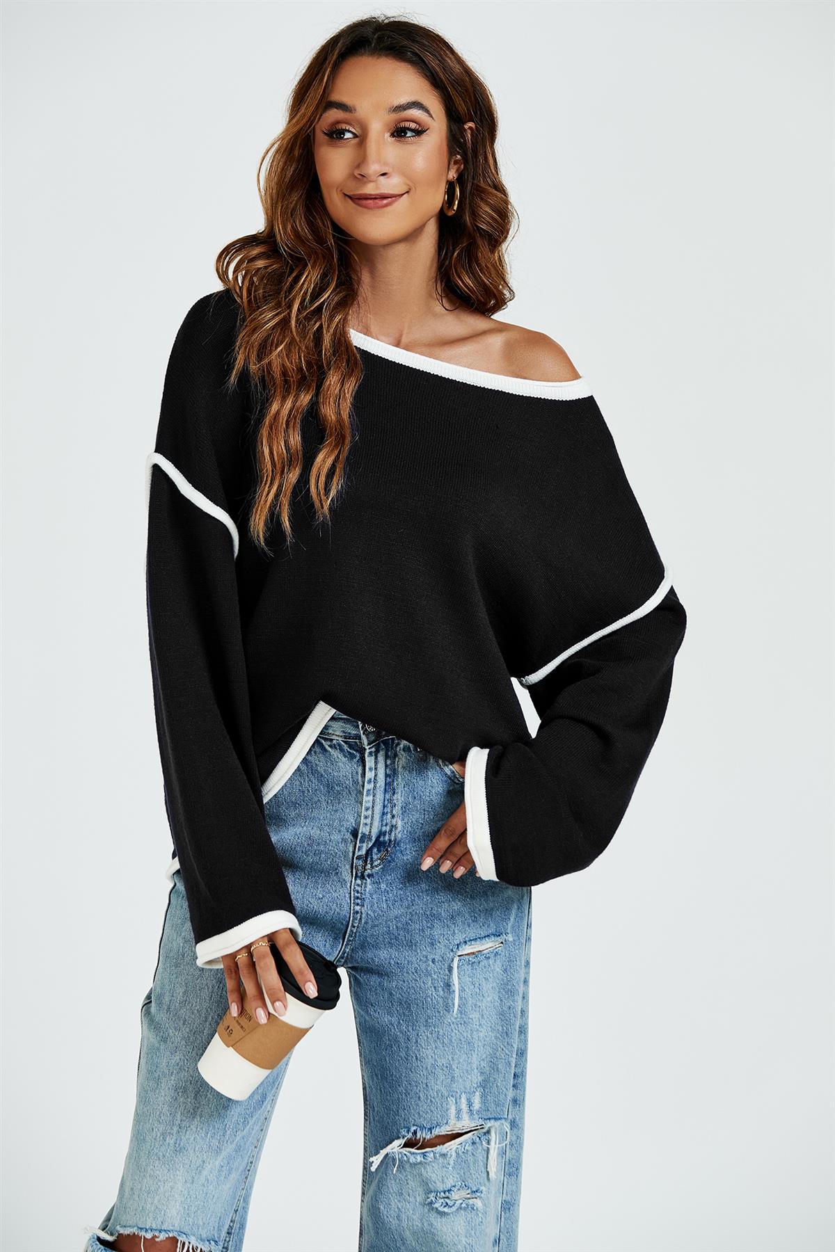White Striped Oversized Jumper Top In Black
