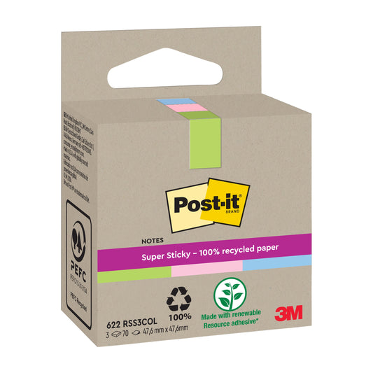 Post-it® Super Sticky 100 % Recycling Notes, 47,6 mm x 47,6 mm, 70 Blatt/Block, 100% PEFC