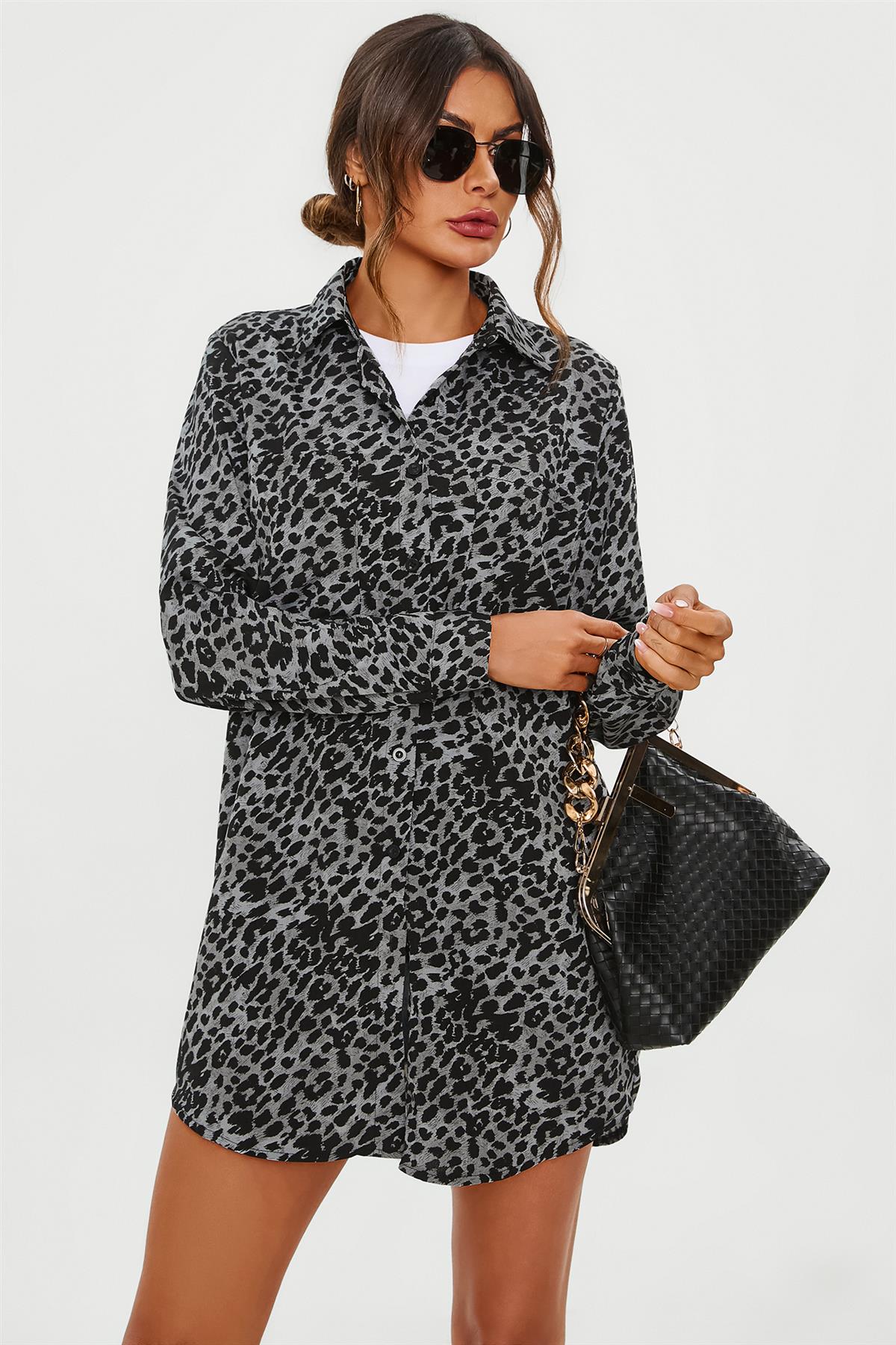 Leopard Print Tunic Shirt In Gray Blue