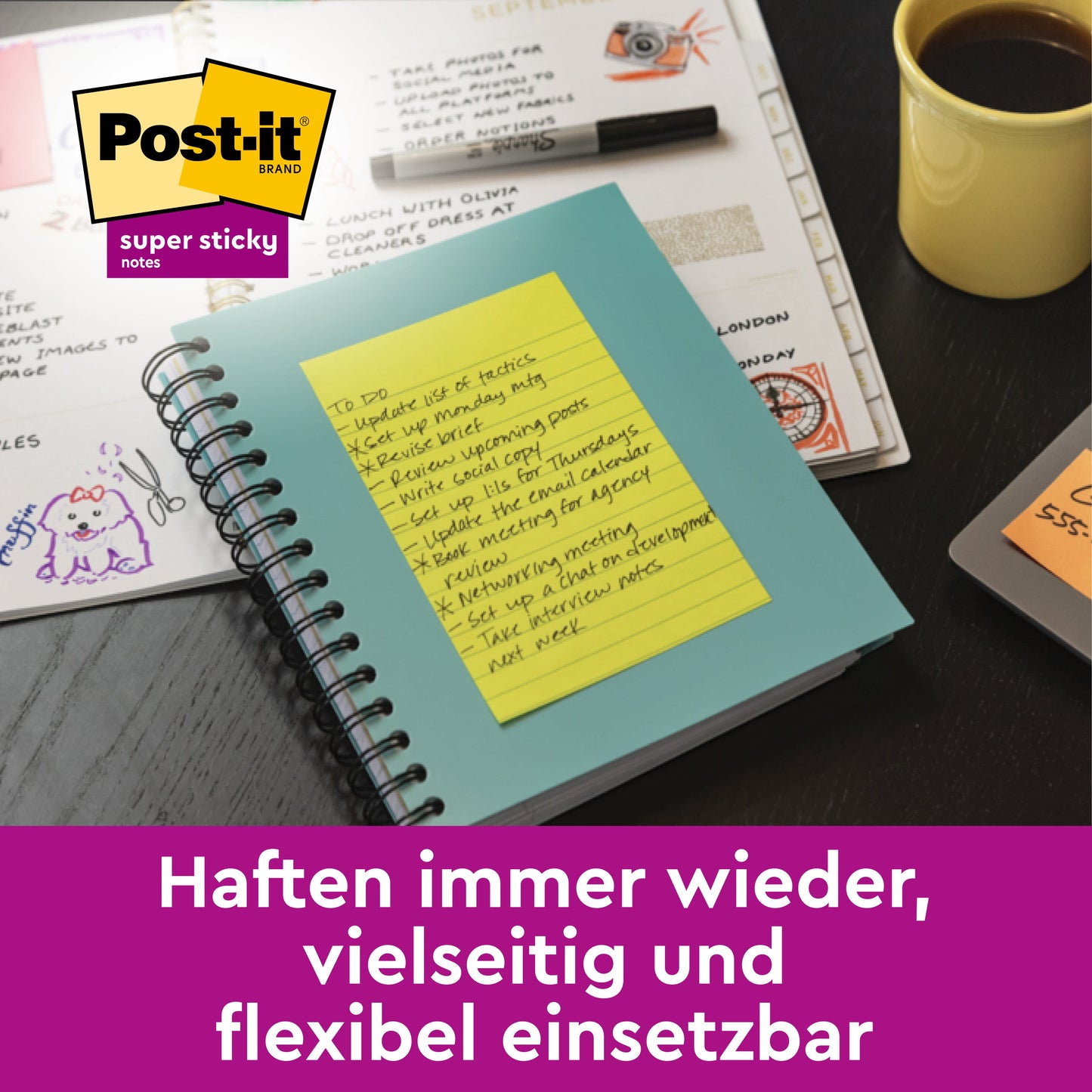 Post-it® Super Sticky Notes im Großformat, Verschiedene Farben, Liniert, 101 mm x 152 mm, 75 Blatt/Block, 3 Blöcke/Packung, 100% PEFC, SGSCH-PEFC-COC-110078 | Packung (1 Stück)