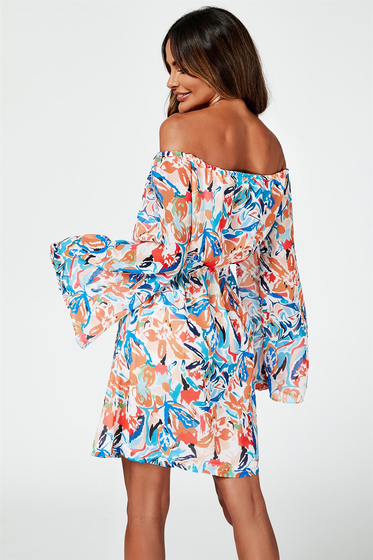 Flute Sleeve Bardot Dress With Tie Detail In Orange