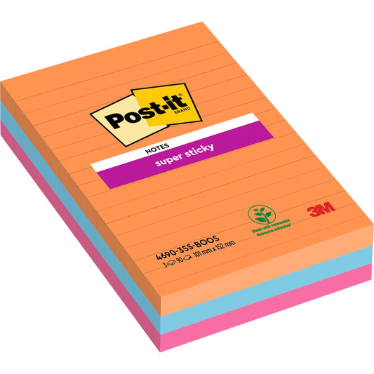 Post-it® Super Sticky Notes im Großformat, Liniert, 101 mm x 152 mm, 90 Blatt/Block, 100% PEFC