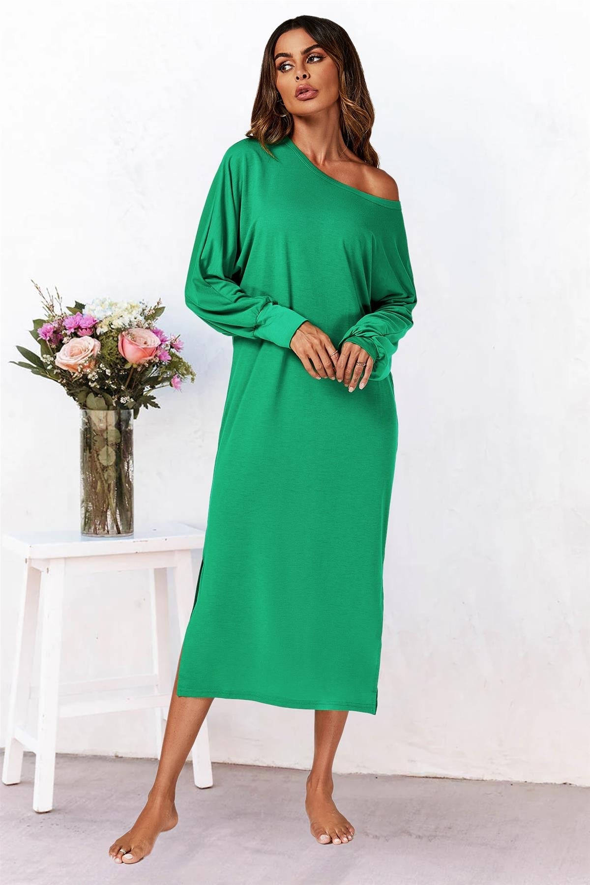 Oversized Midaxi Long Sleeve Slit Jersey Dress In Green 