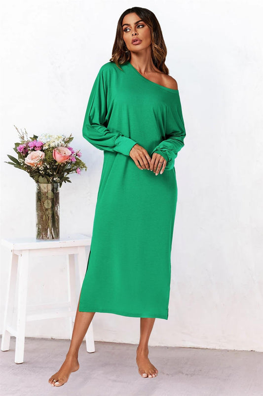 Oversized Midaxi Long Sleeve Slit Jersey Dress In Green 