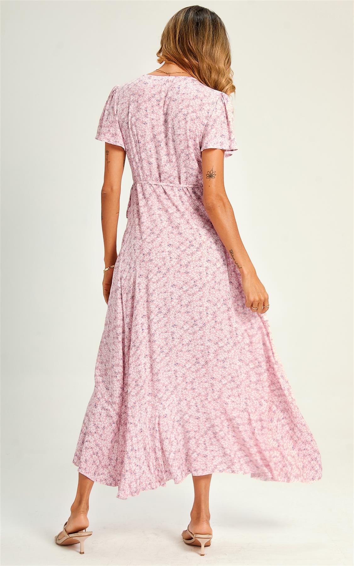 Summer Floral Print Hem Wrap Midi Dress In Pink