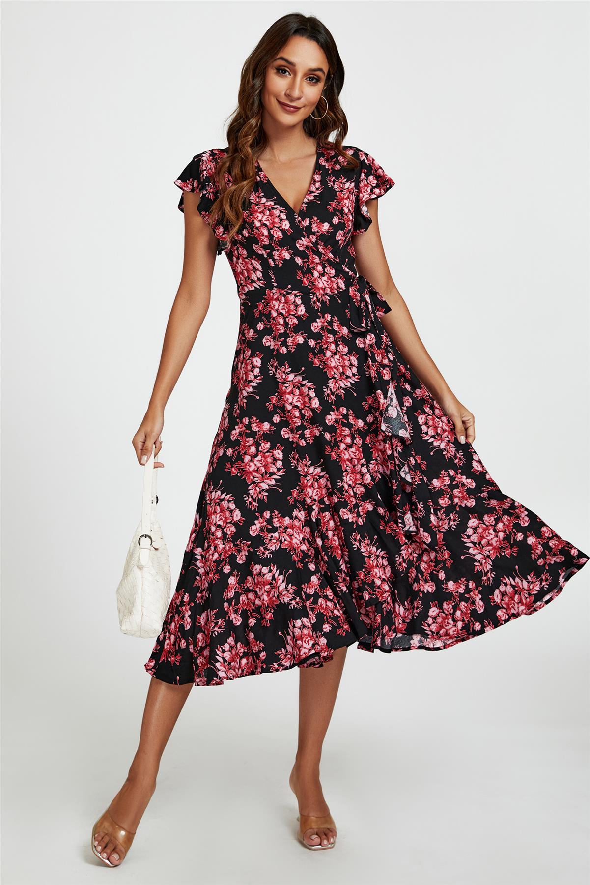Pink Floral Frill Sleeve Midi Wrap Dress In Black 