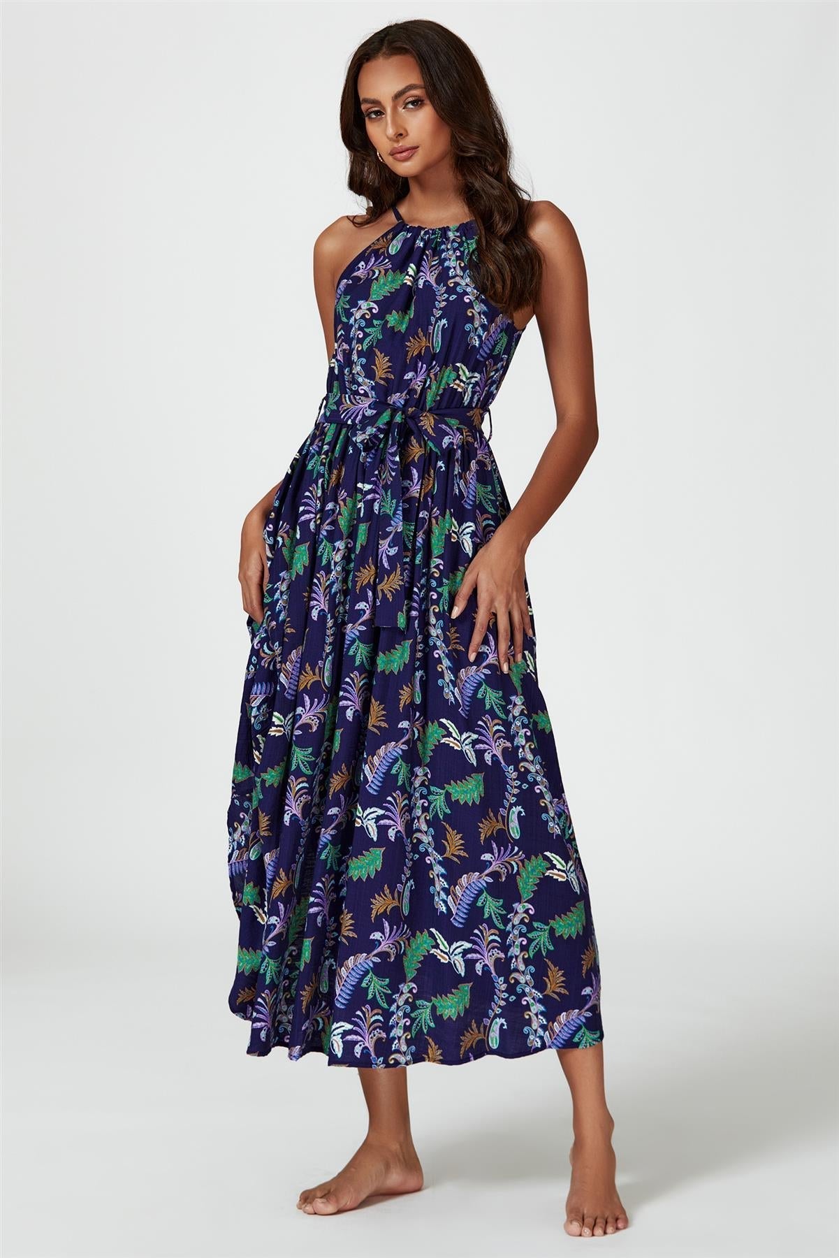 Floral Print Tie Halterneck Maxi Dress In Navy