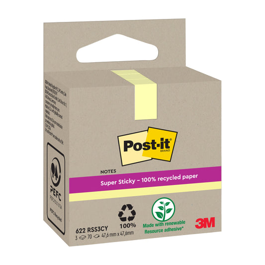 Post-it® Super Sticky 100 % Recycling Notes, 47,6 mm x 47,6 mm, 70 Blatt/Block, 100% PEFC