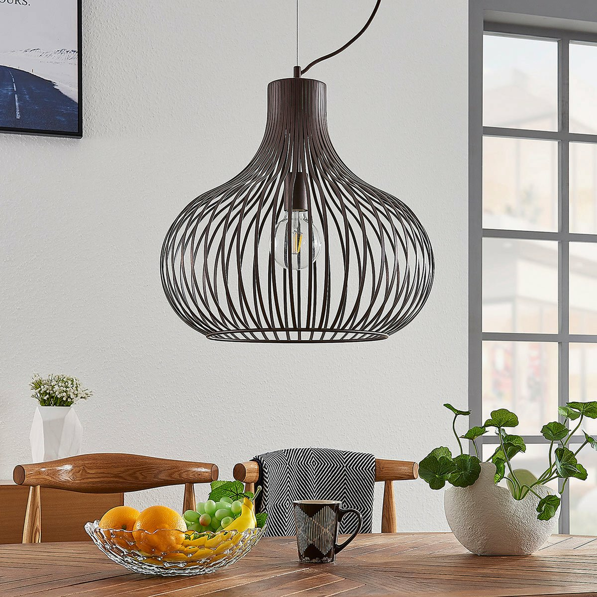 B-Ware Lindby Frances Hängelampe, Braun, 1 Fl., ø 48 Cm Lampe Leuchte Hängeleuchte E27