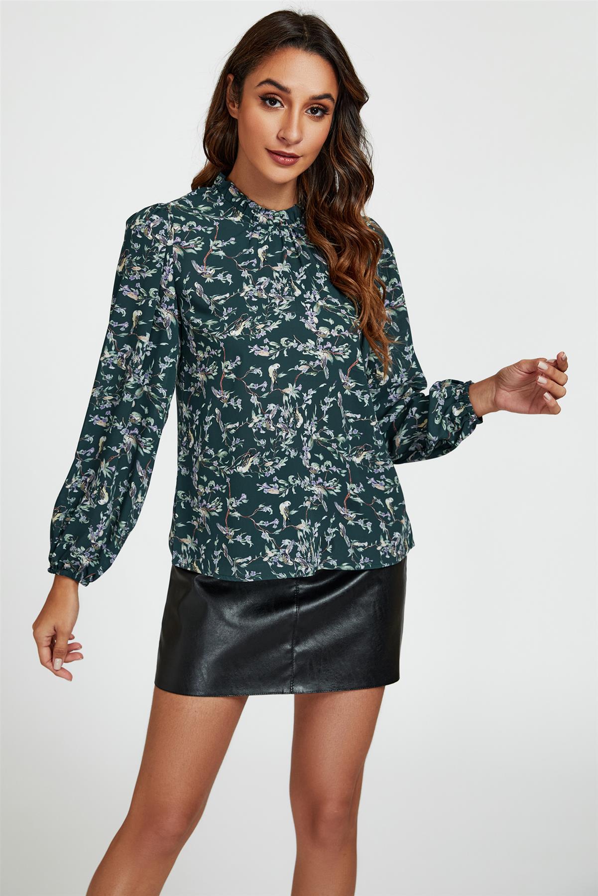 Bird &amp; Floral Print Frill Detail High Neck Top In Green