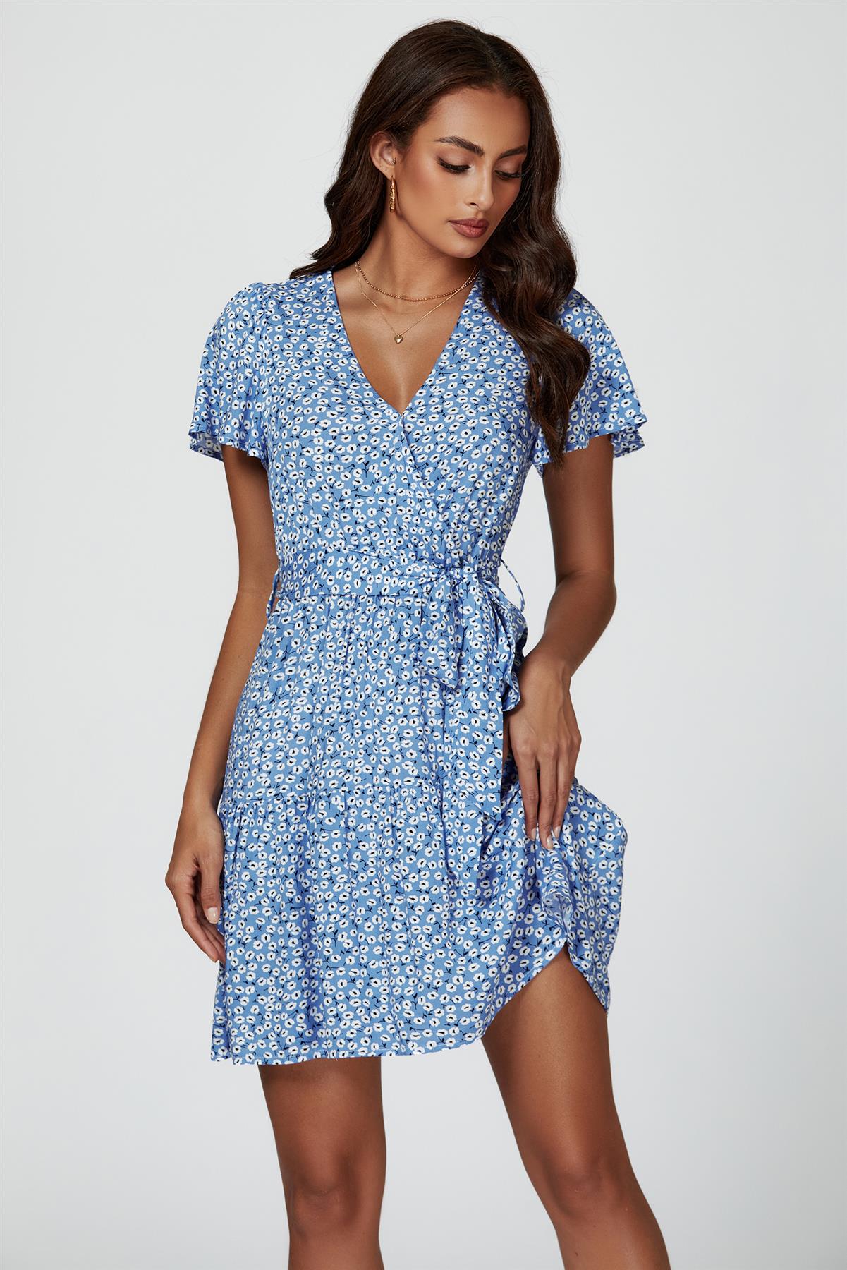 Floral Print Hem Tiered Wrap Mini Dress In Blue